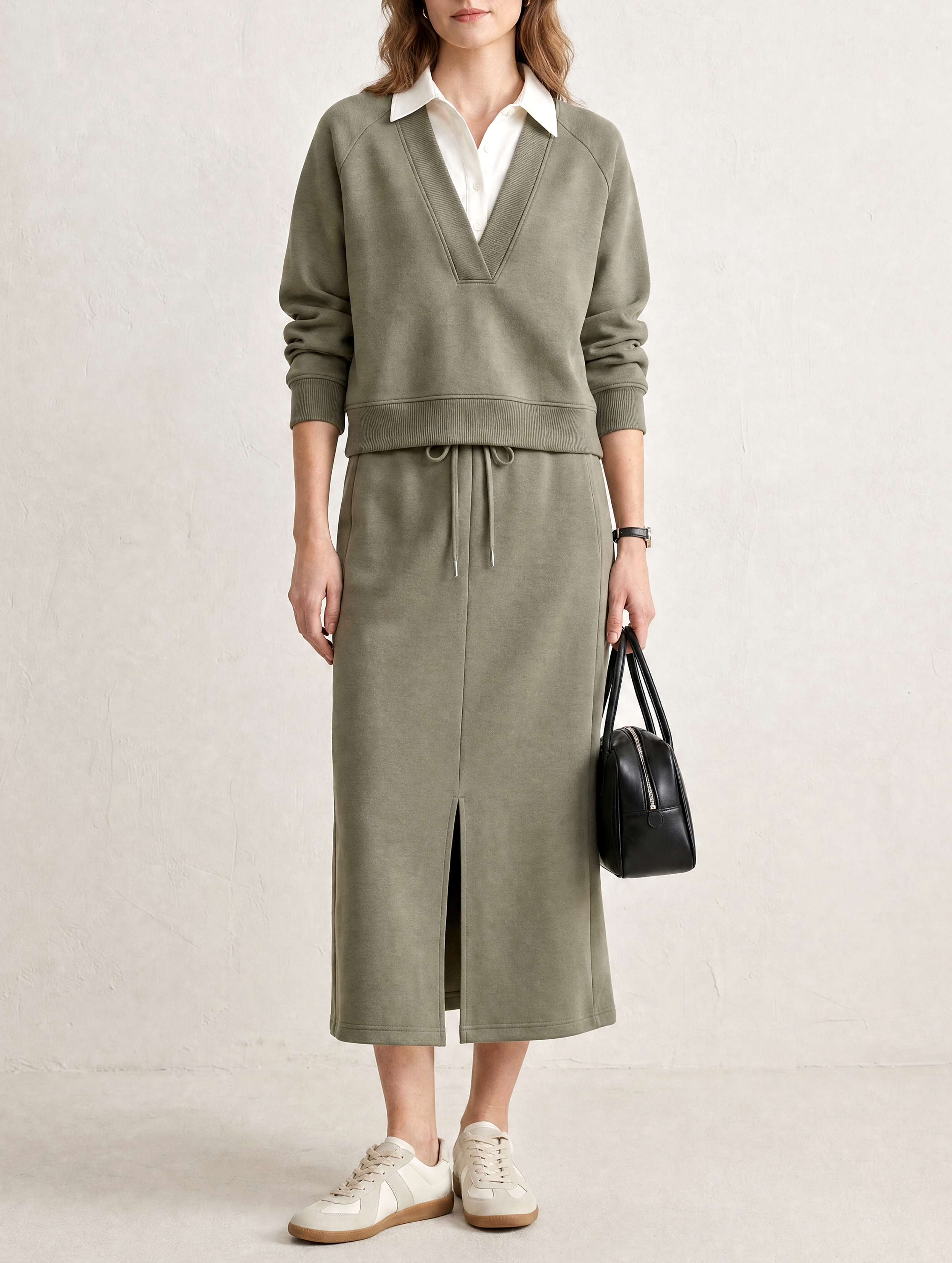 Gray-Green Two-Piece-Style Sweatshirt And Slit Skirt Set
