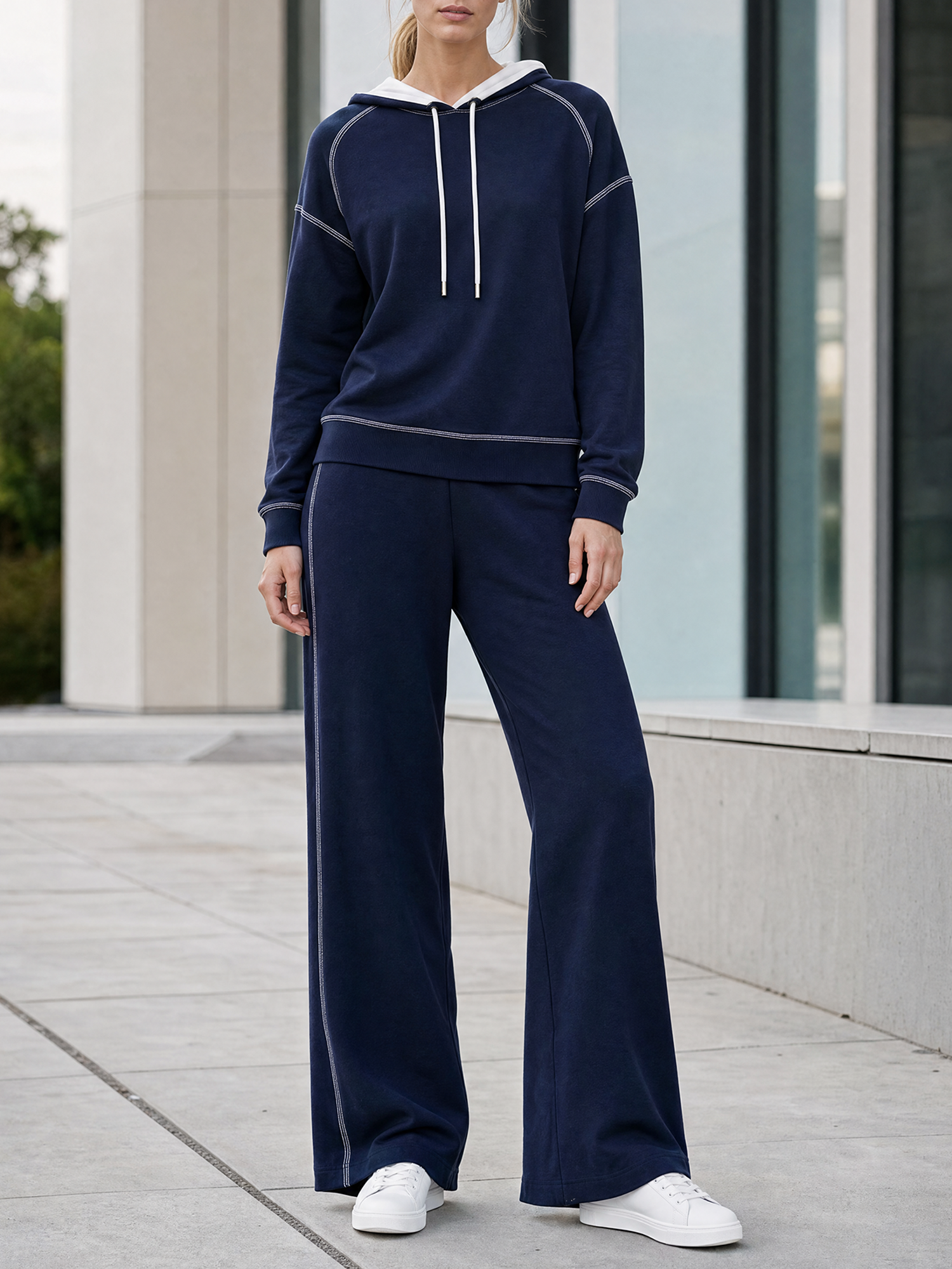 Navy Drawstring Hoodie With Contrast Stitching And Wide-leg Pants Set