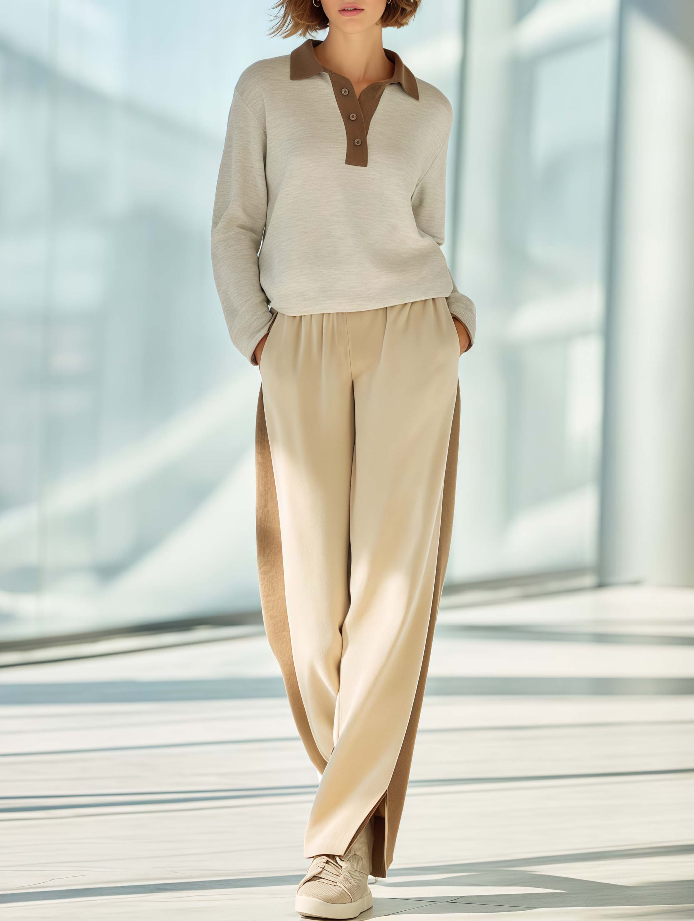 Stylish And Casual Oatmeal-colored Long-sleeved Collared Top And Trousers Set