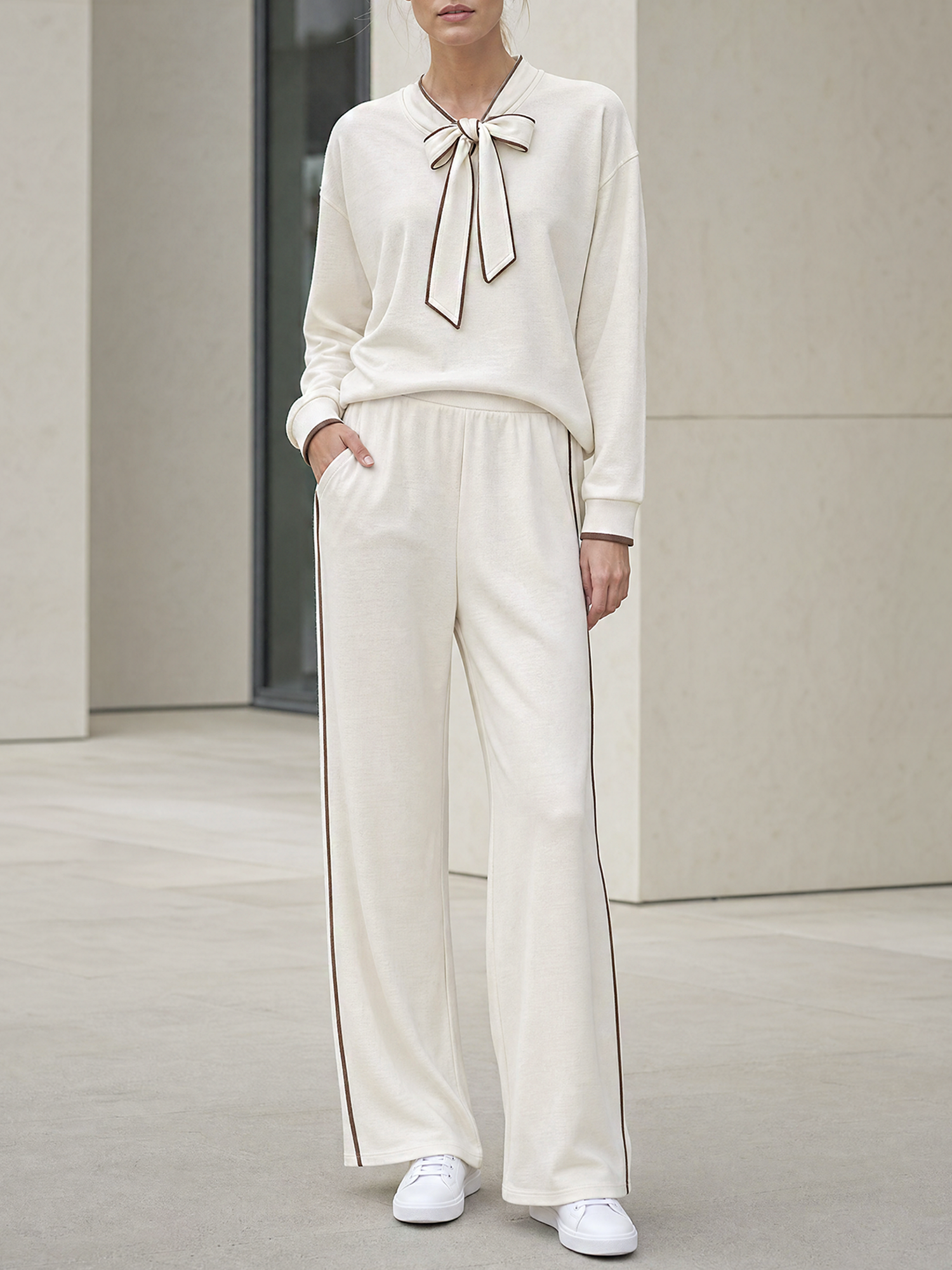Beige Color-block Bow-neck Top And Side-stripe Wide-leg Trousers Set