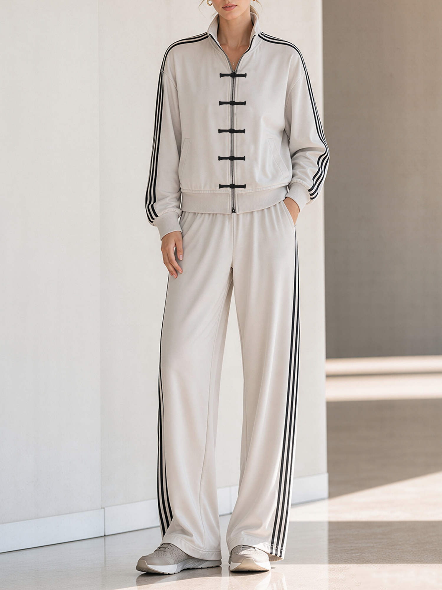 Light Grey Color-block Zip-up Top With Frog-button Detail And Wide-leg Trousers Set