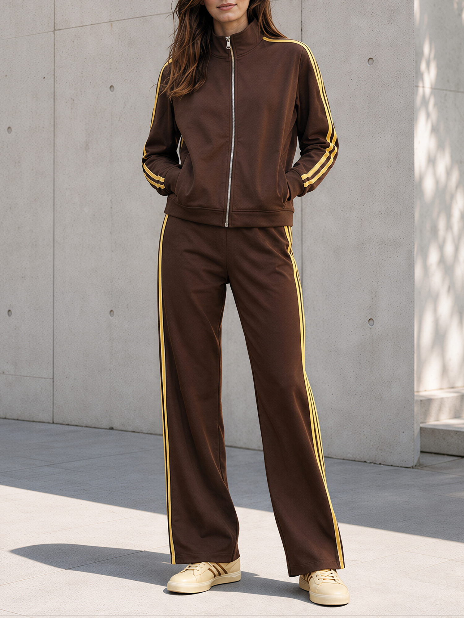 Brown Color-block Striped Zip-up Sports Jacket And Wide-leg Trousers Set