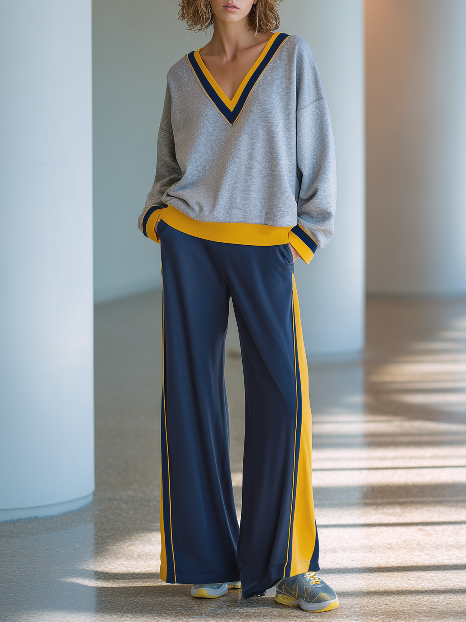 Light Gray Color-block Crewneck Sweatshirt Paired With Navy Wide-leg Trousers