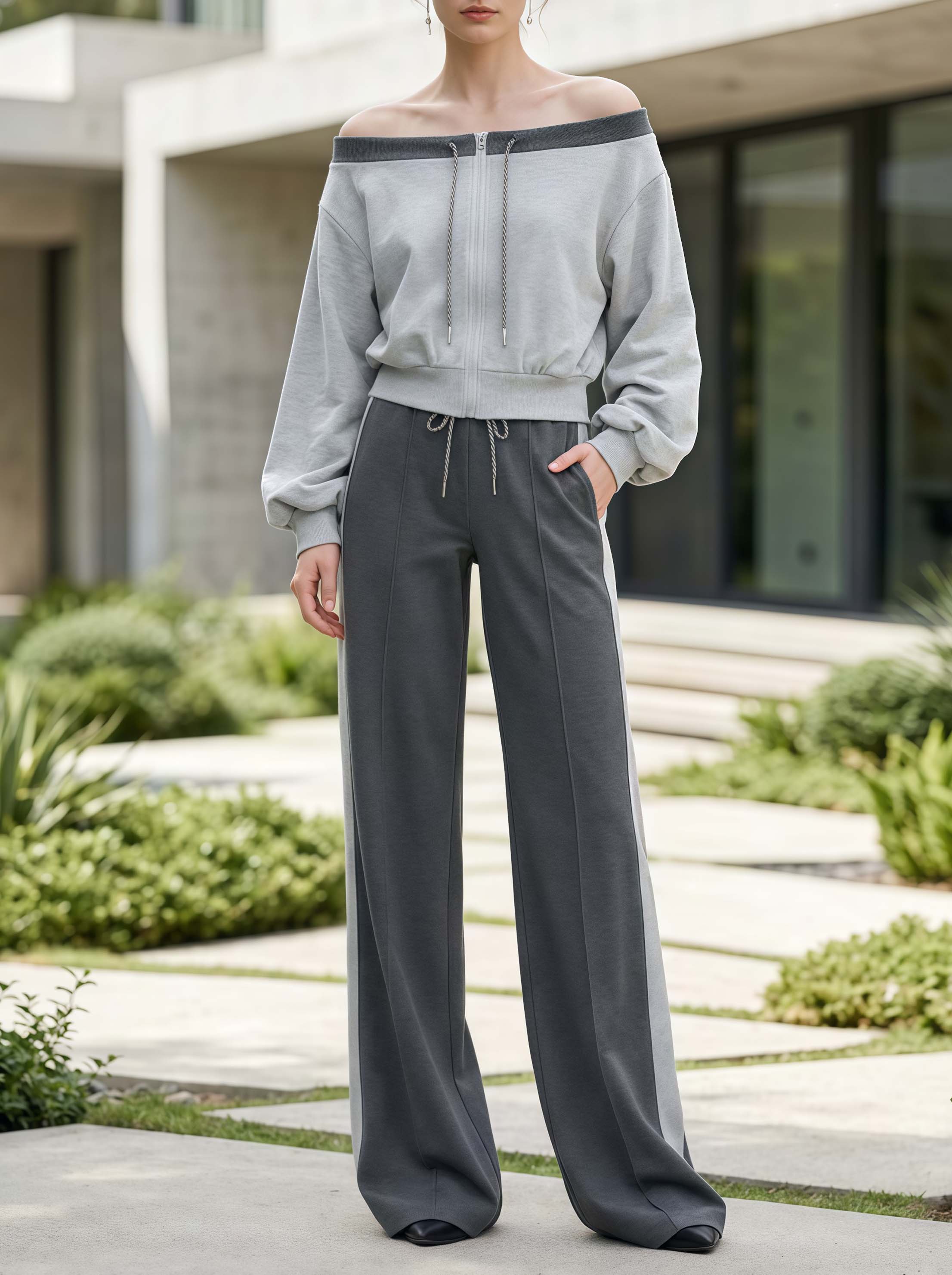 Stylish Grey Off-shoulder Long-sleeve Jacket And Color-block Trousers Set For The Modern Commute