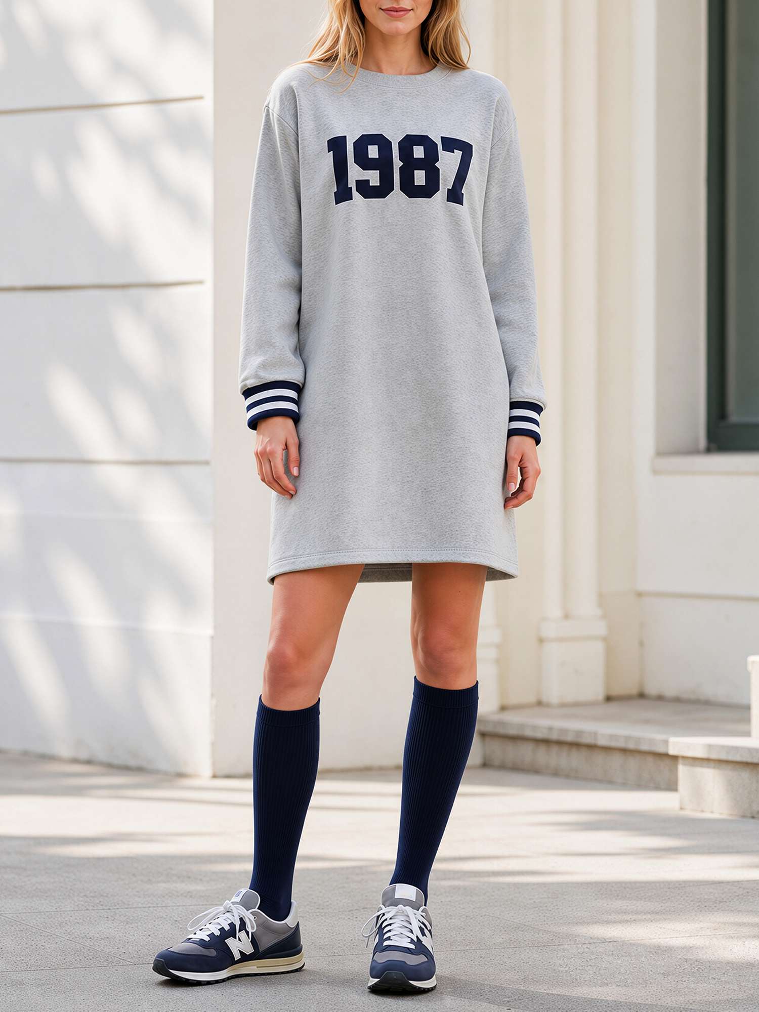 Light Grey Printed Drop-shoulder Oversized Sweatshirt Dress