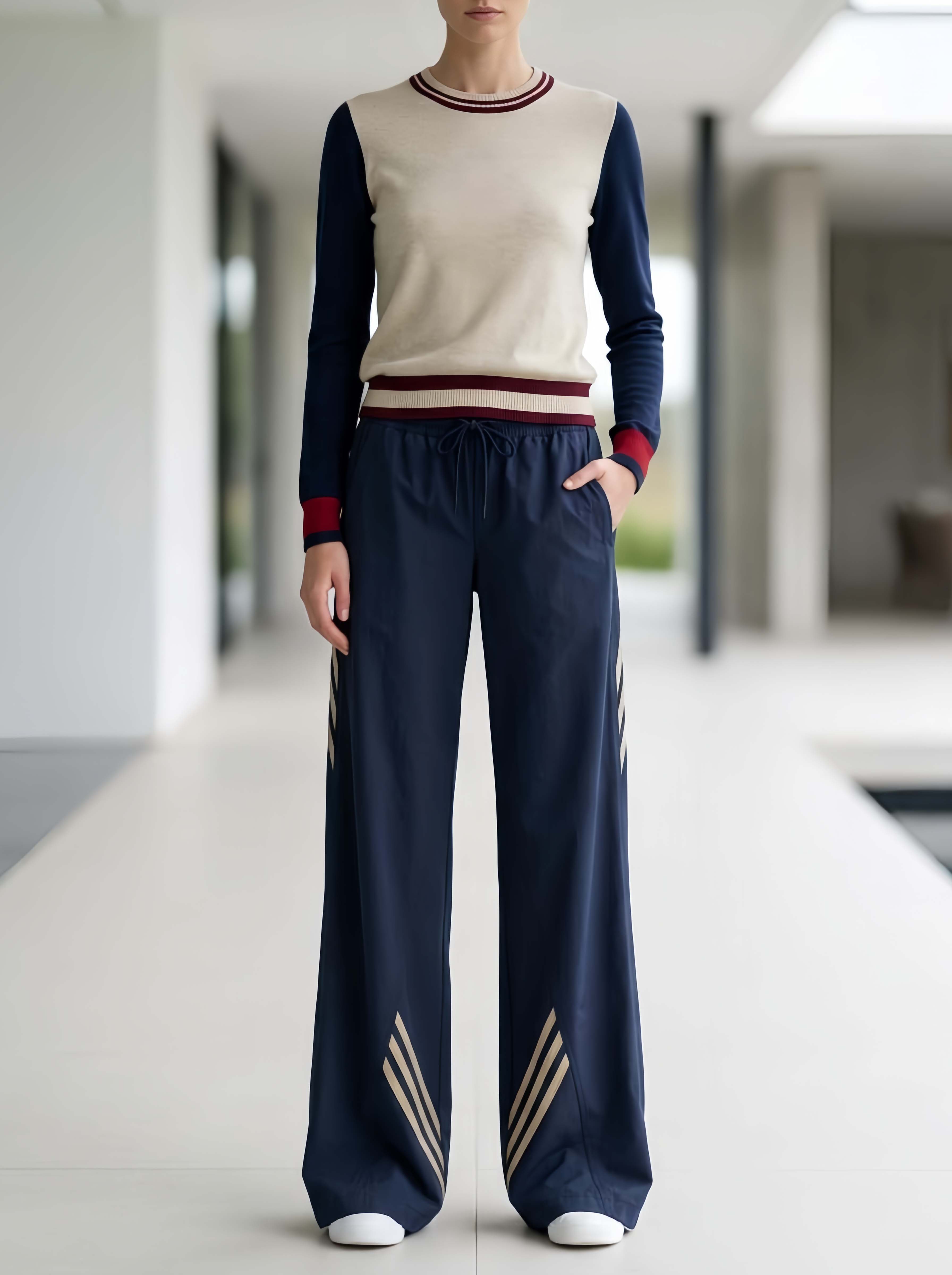 Stylish Casual Oatmeal And Navy Color-Block Top And Trousers Set