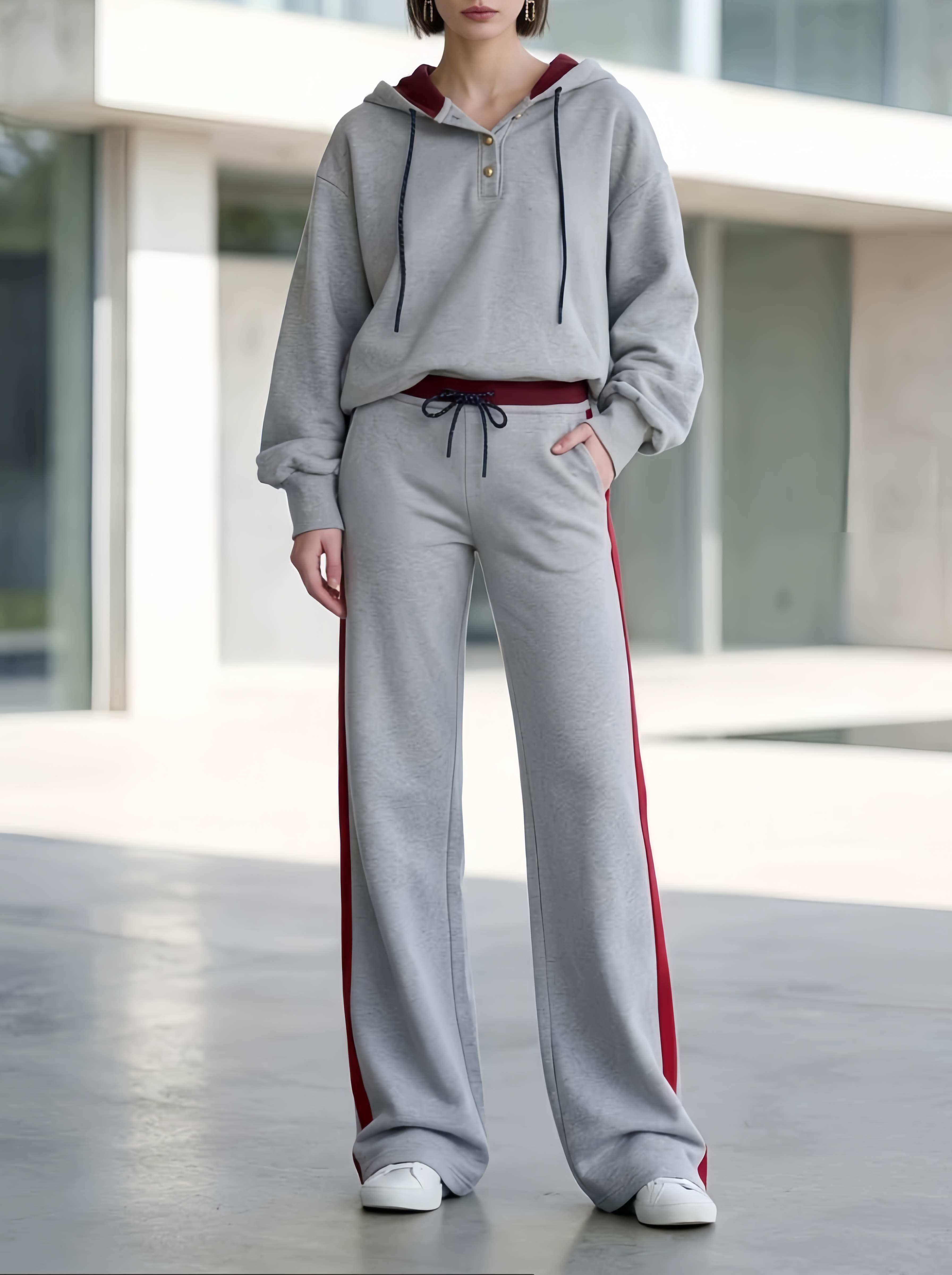 Athleisure-style Grey Hooded Sweatshirt And Color-block Pants Set
