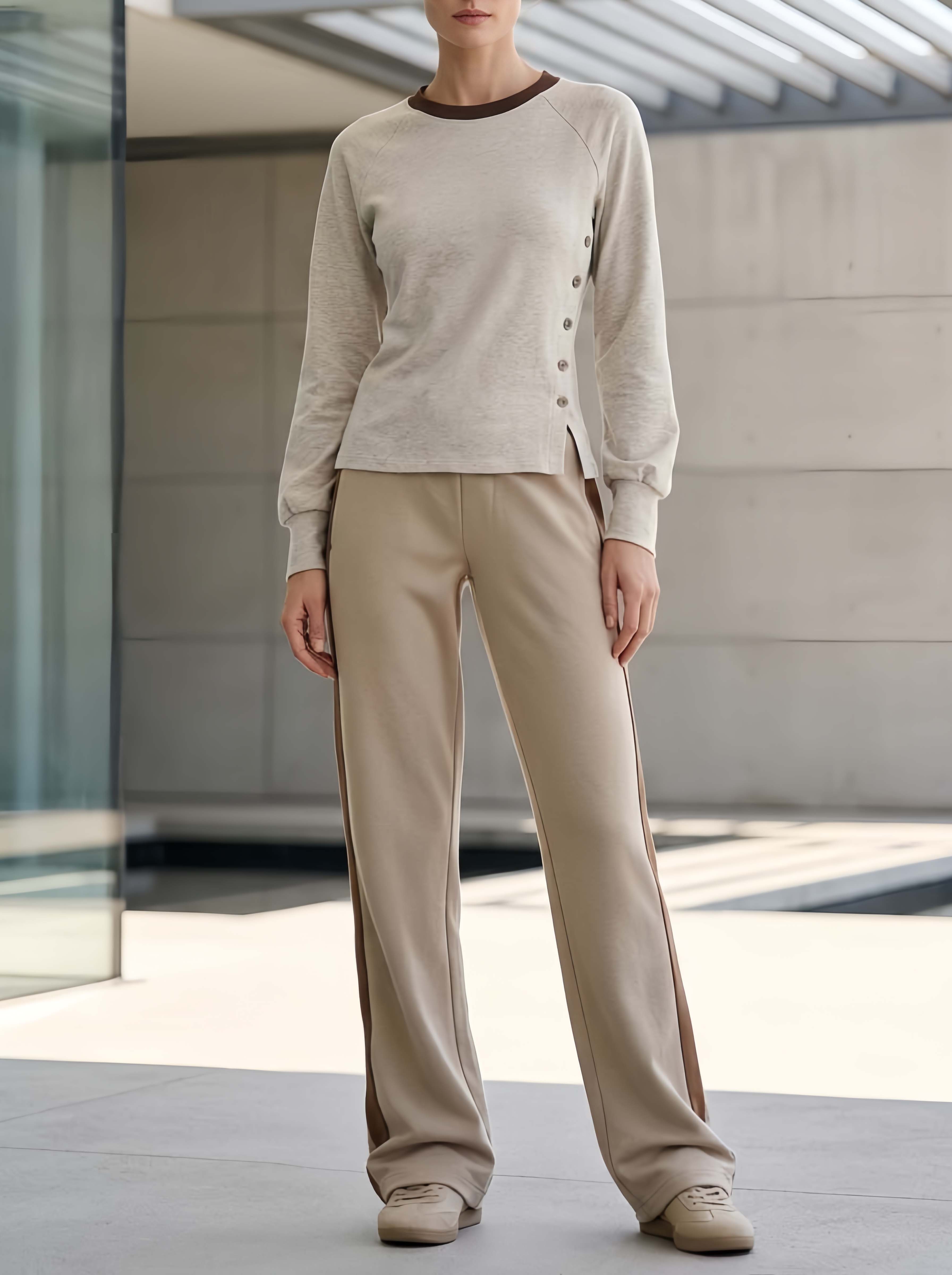 Stylish And Minimalist Khaki Long-sleeve Color-block Trouser Set