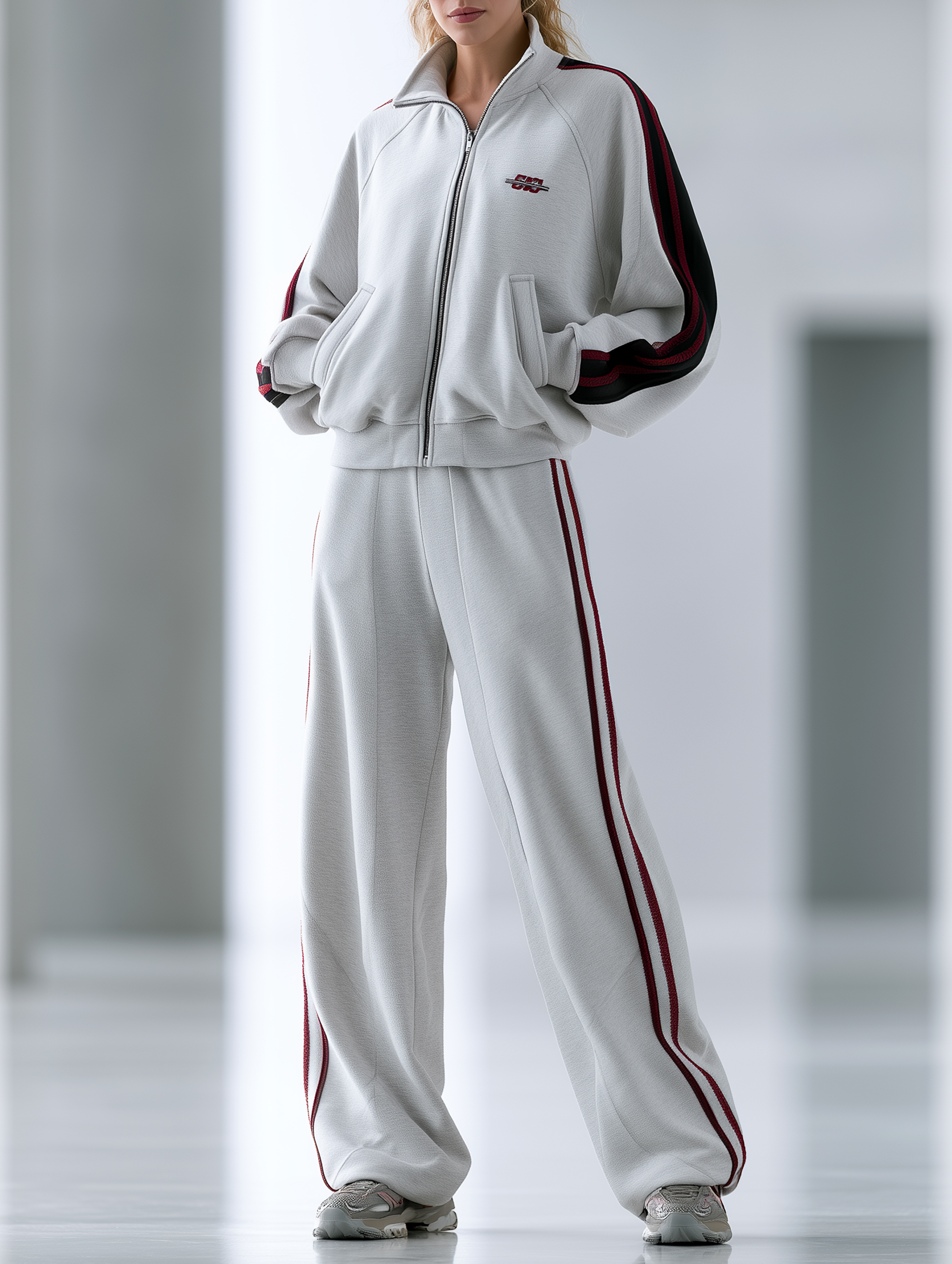 Grey Stand-collar Zip-up Jacket And Color-block Wide-leg Trousers Set