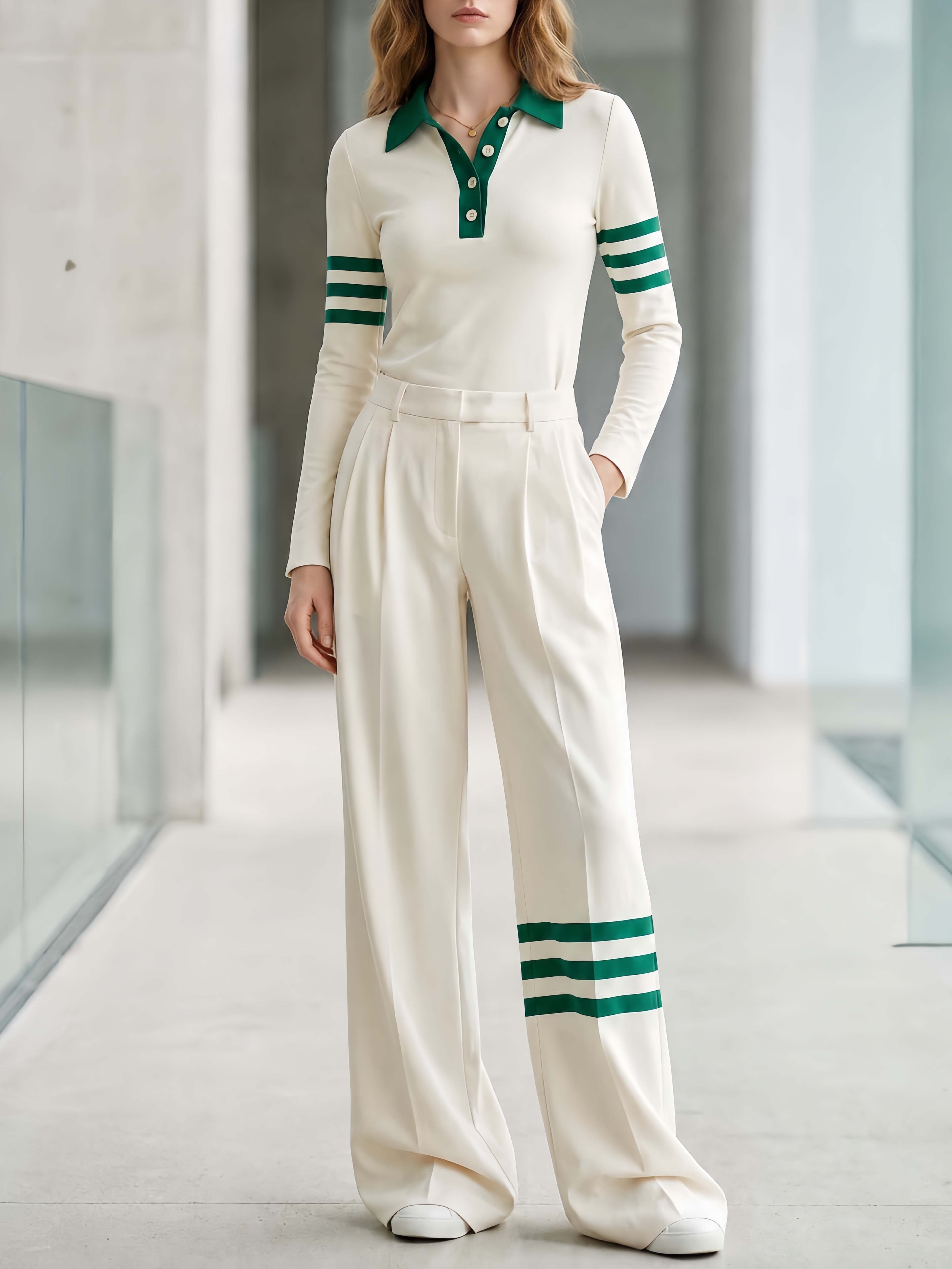 Stylish Casual Off-white And Green Color-block Long-sleeve Top And Trousers Set