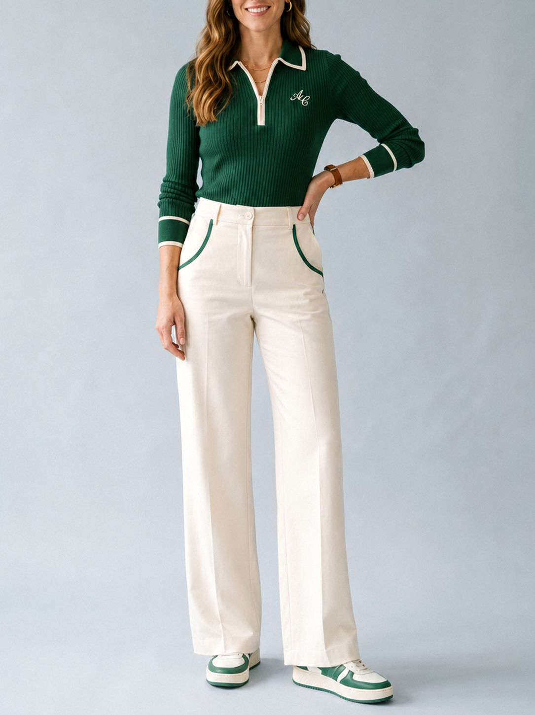 Green Ribbed Long-Sleeve Top And Color-Block Straight-Leg Pants Set