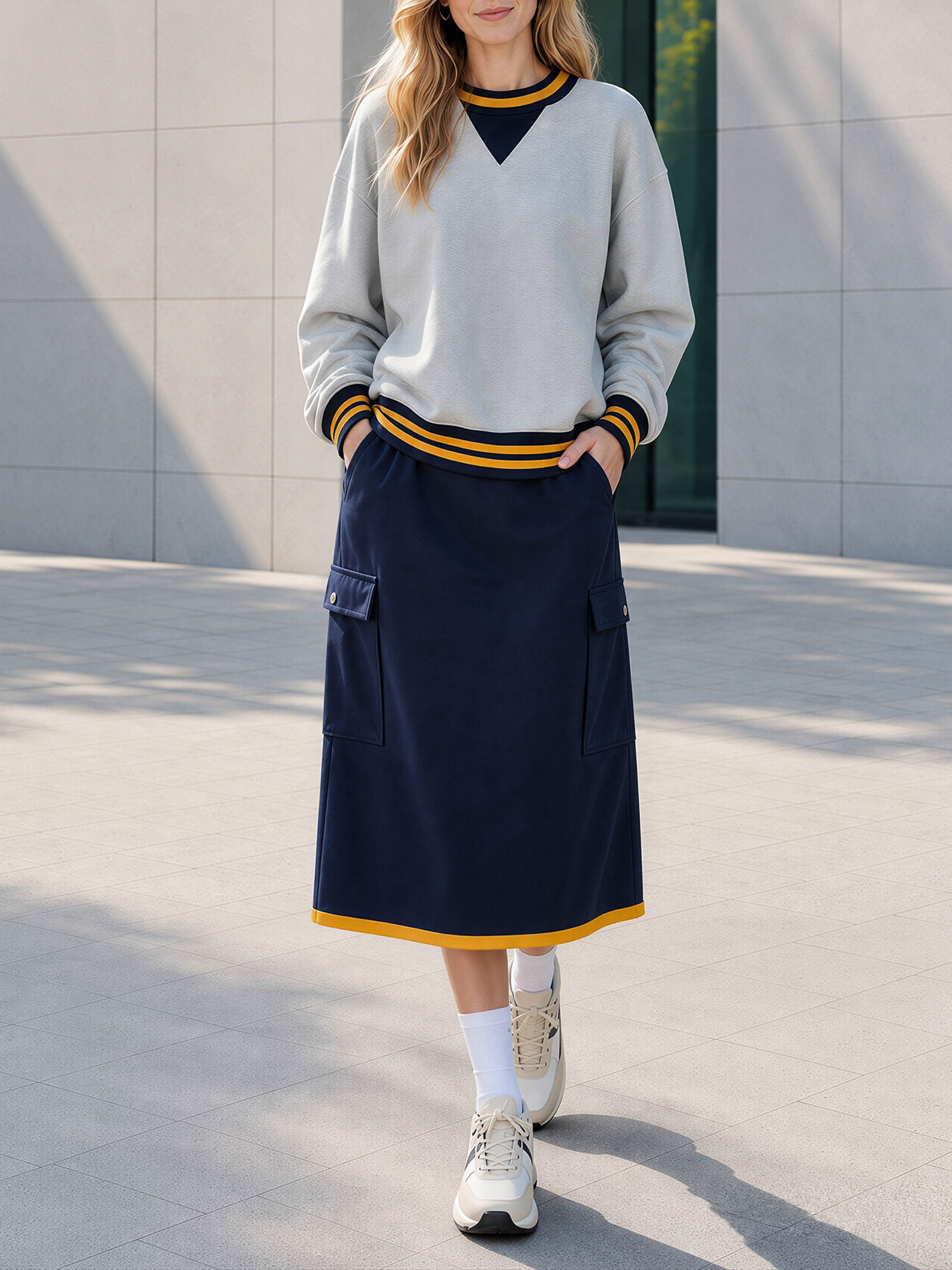Color-block V-panel Sweatshirt And A-line Midi Skirt Set With Utility Pockets