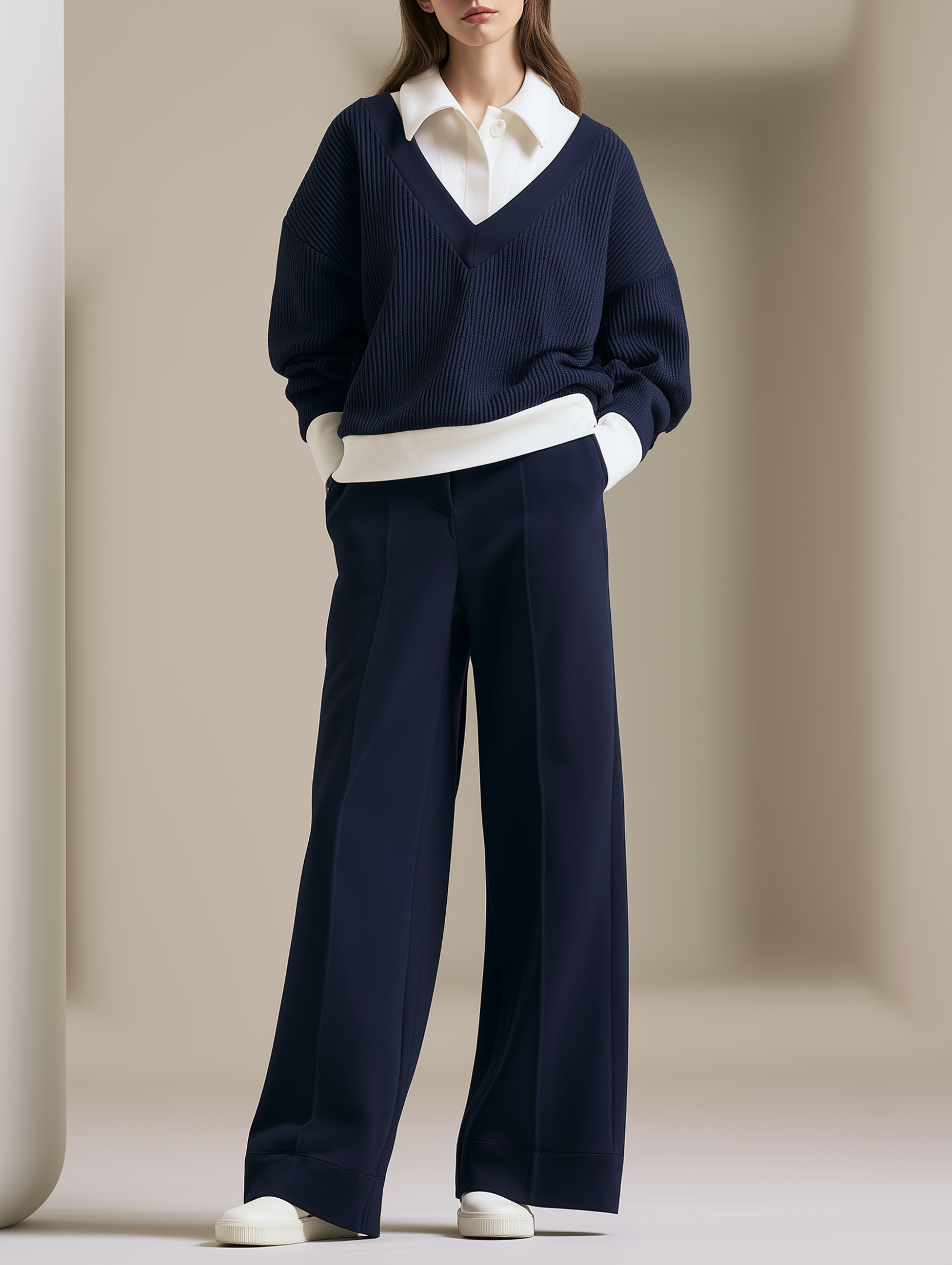 Navy "faux-layered" Sweatshirt With Shirt Collar And Wide-leg Pants Set