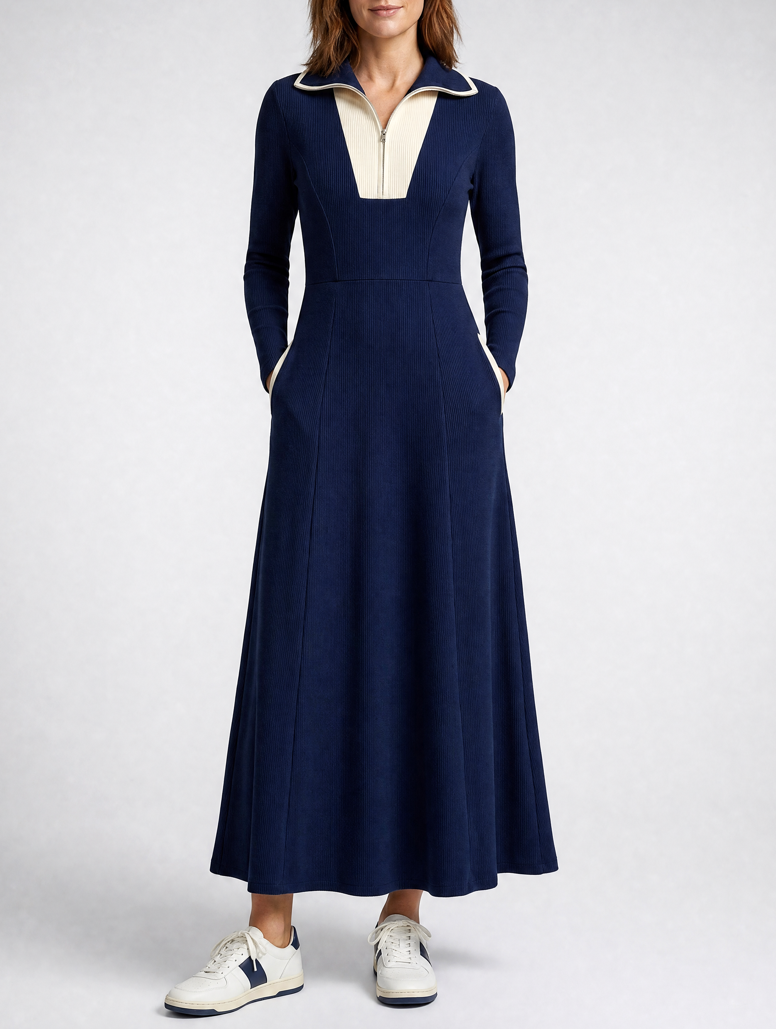 Navy And White Color-block Long Knit Dress With A Full Skirt