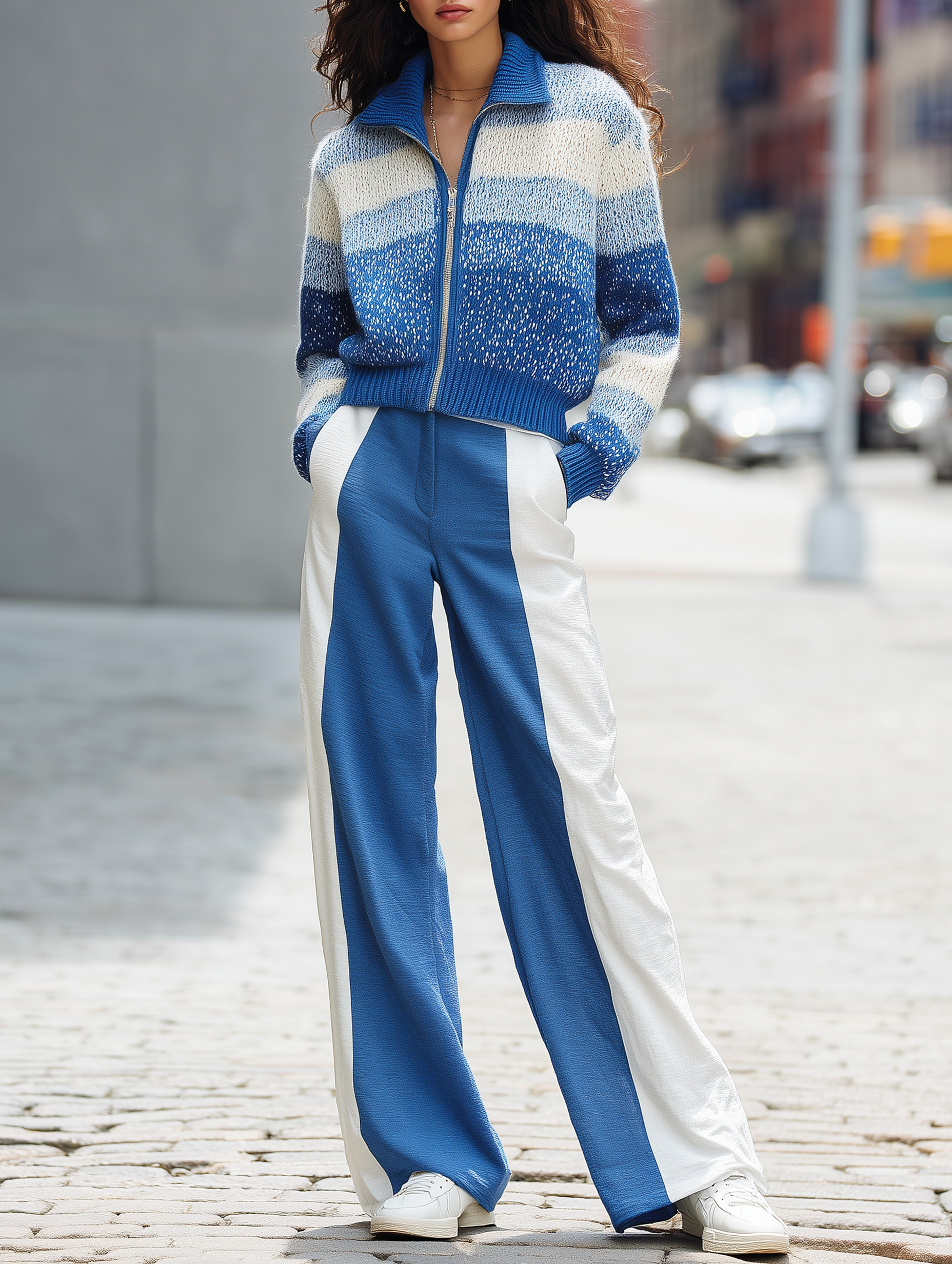 Blue Striped Knit Cardigan And Color-blocked Wide-leg Trousers Set