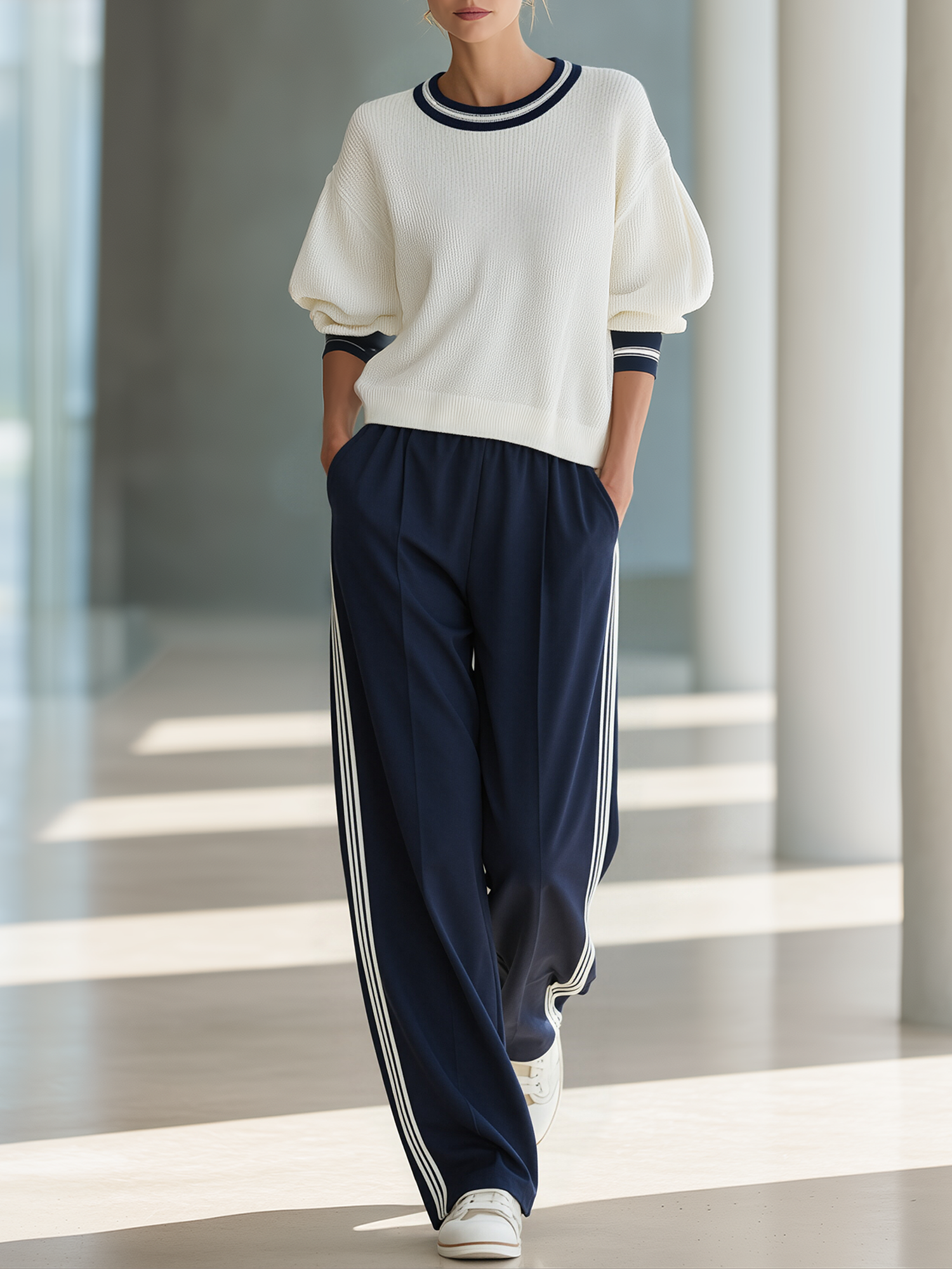 Color-block three-quarter sleeve knit top and navy color-block wide-leg trousers set