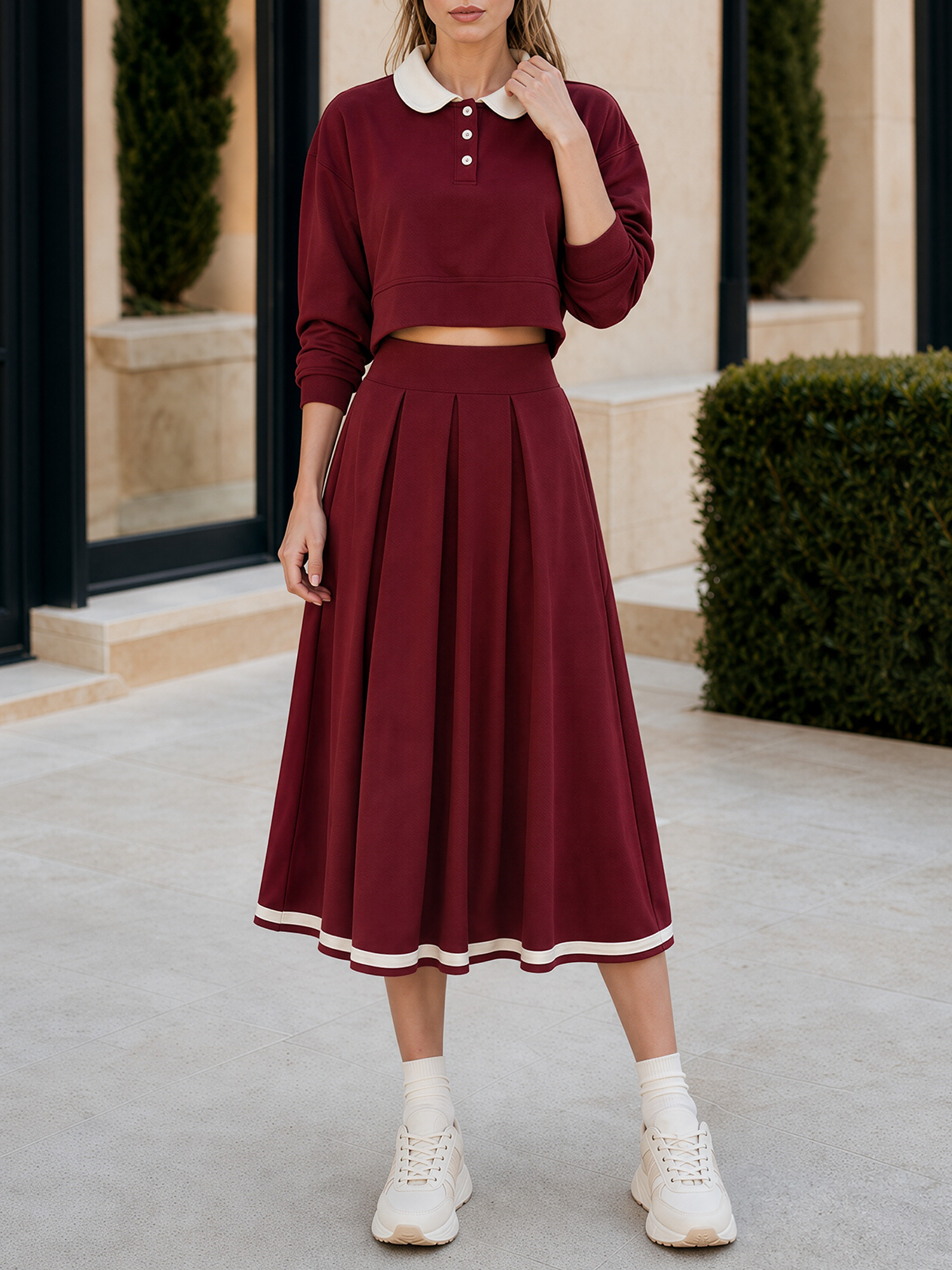 Burgundy Color-block Cropped Polo Sweatshirt And Midi Skirt Set