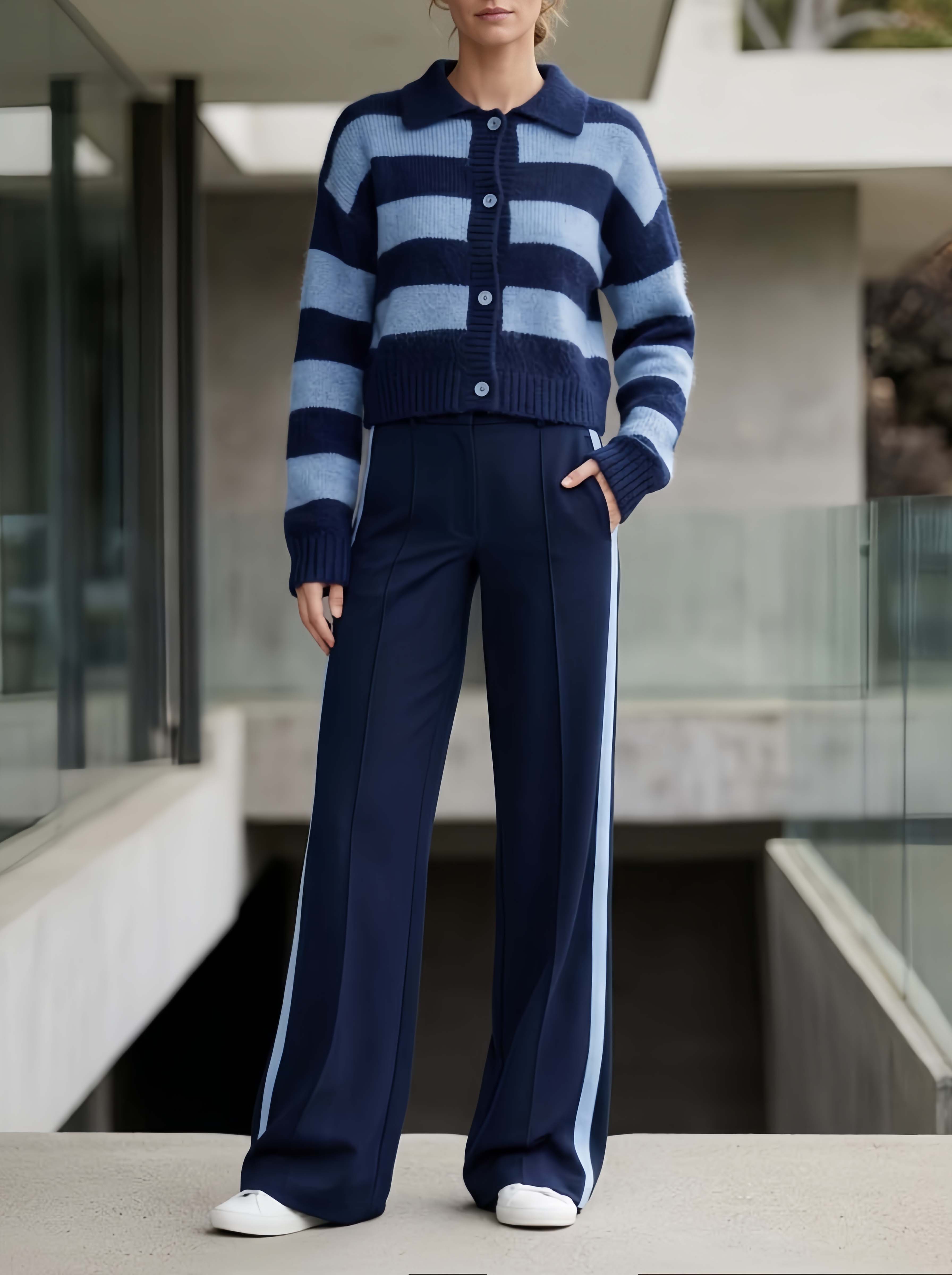 Stylish Casual Navy Color-Block Striped Sweater And Pants Set