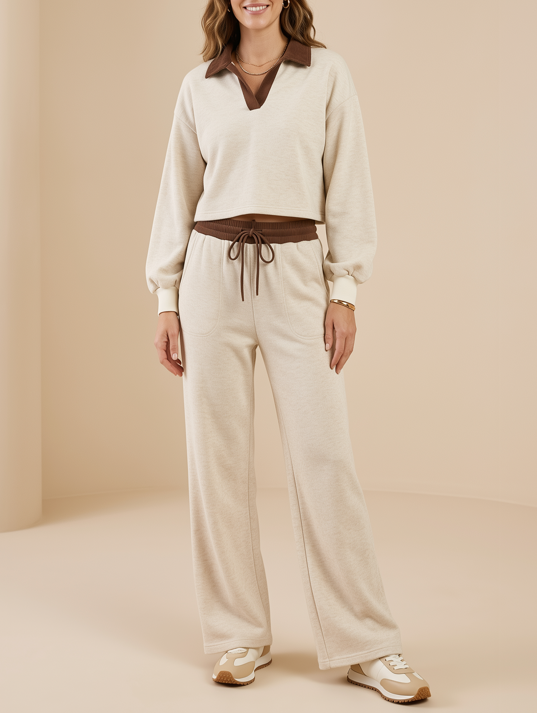 Beige And Brown-Collar Polo Sweatshirt And Wide-Leg Pants Set