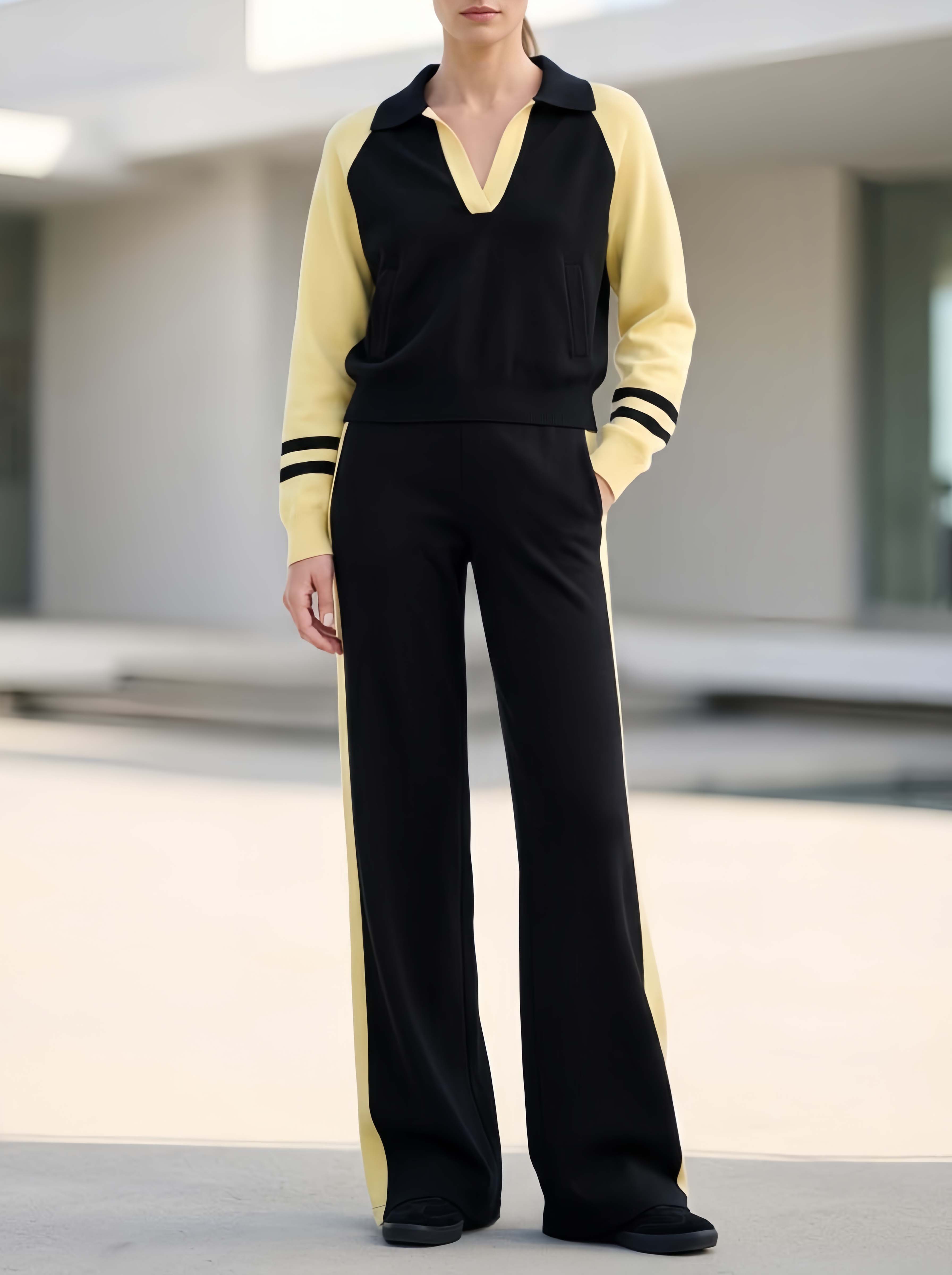 Stylish Casual Long-sleeved Top And Trousers Set Featuring A Black And Yellow Color-block Design