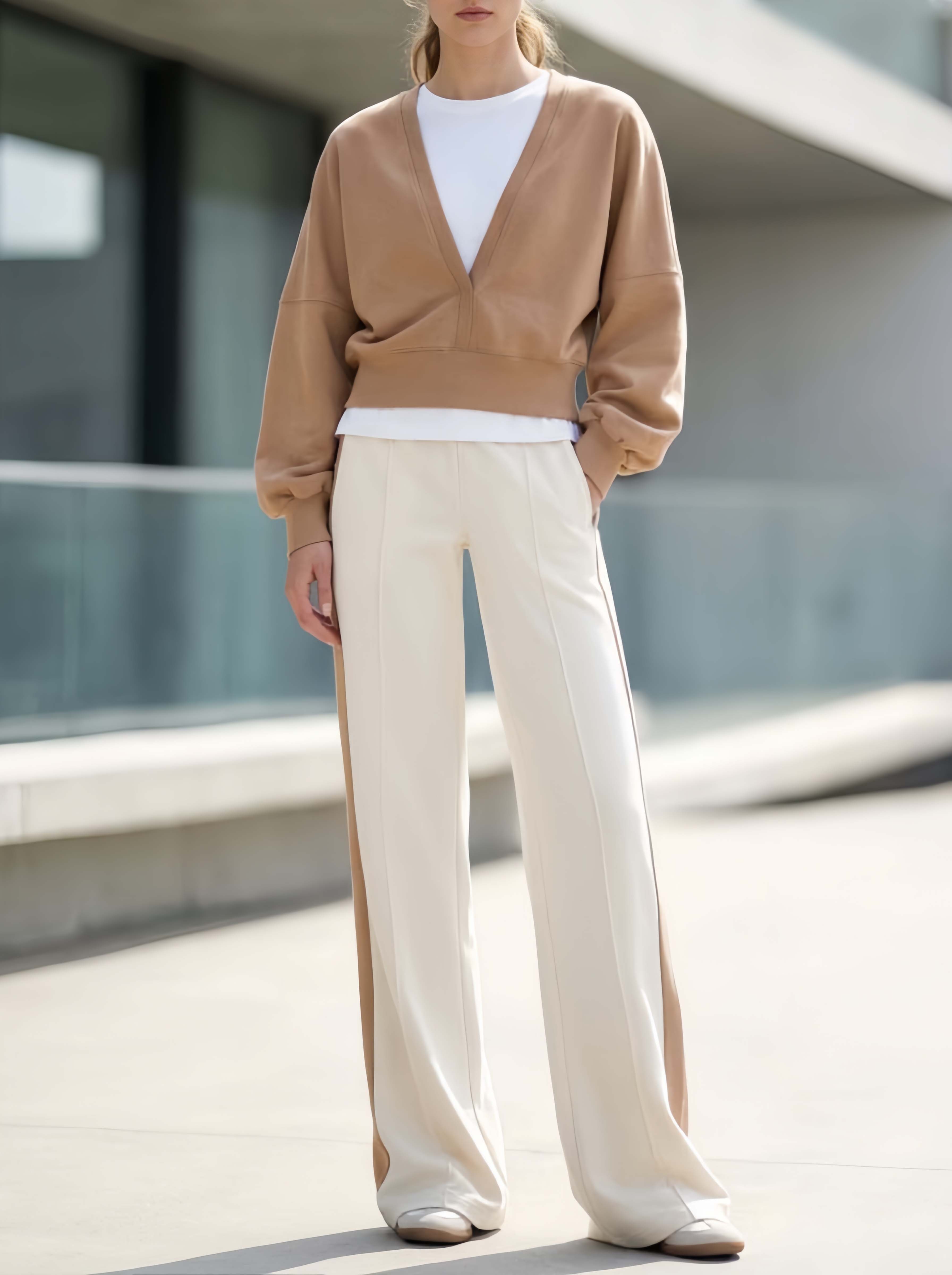 Stylish And Minimalist Brown V-neck Long-sleeve Top And Color-block Trousers Set