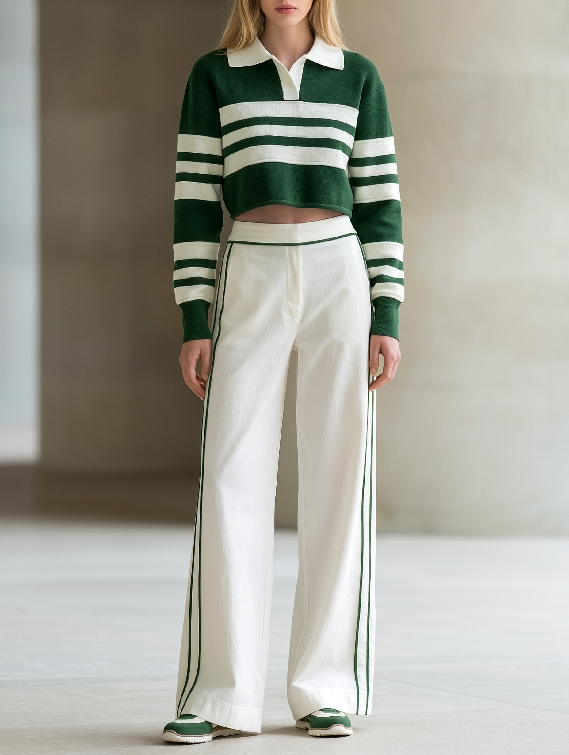 Green Striped Cropped Sweatshirt And Straight-leg Pants Set