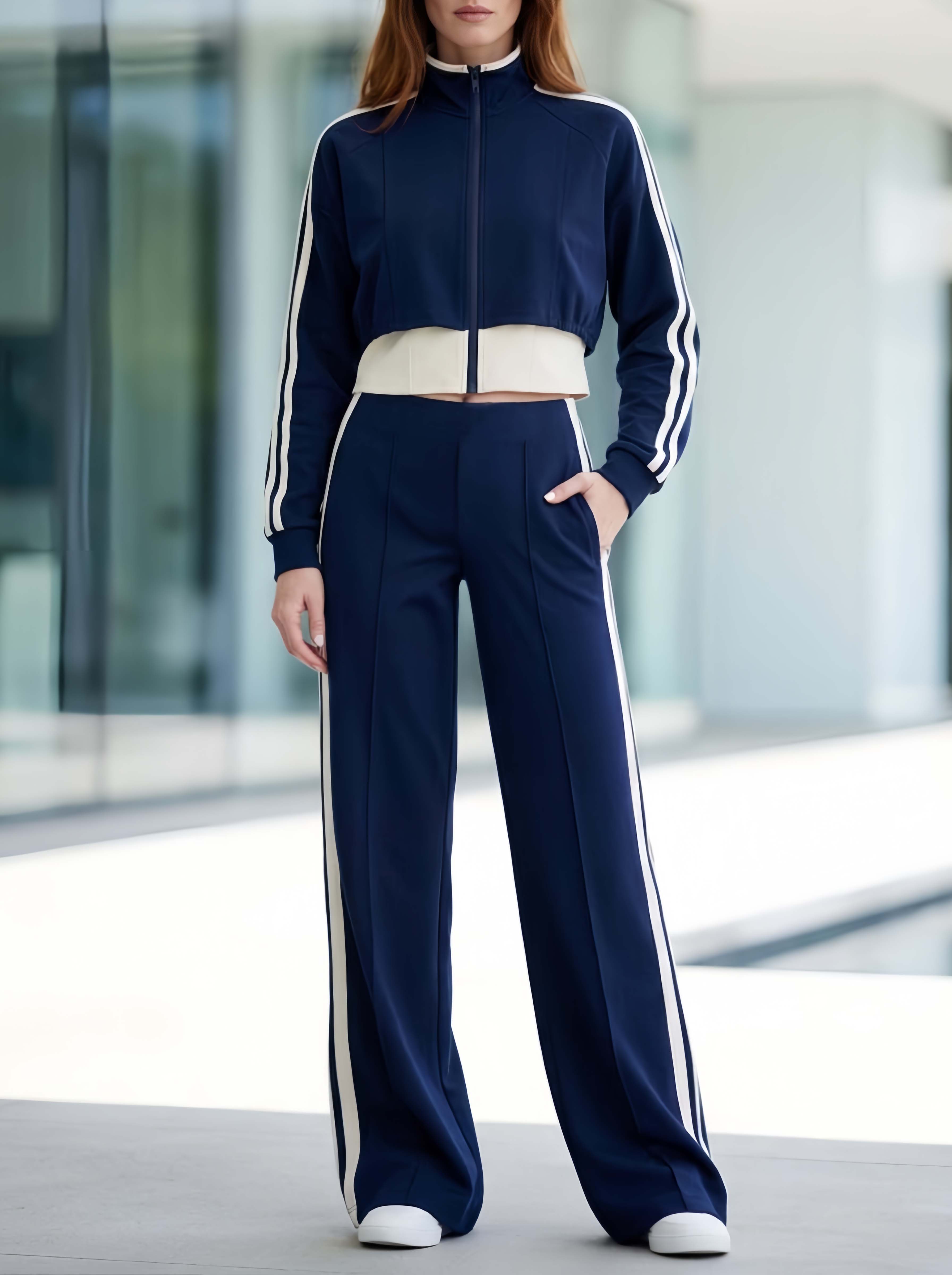 Stylish Casual Navy Blue Long-sleeve "faux-layered" Top And Color-block Trousers Set