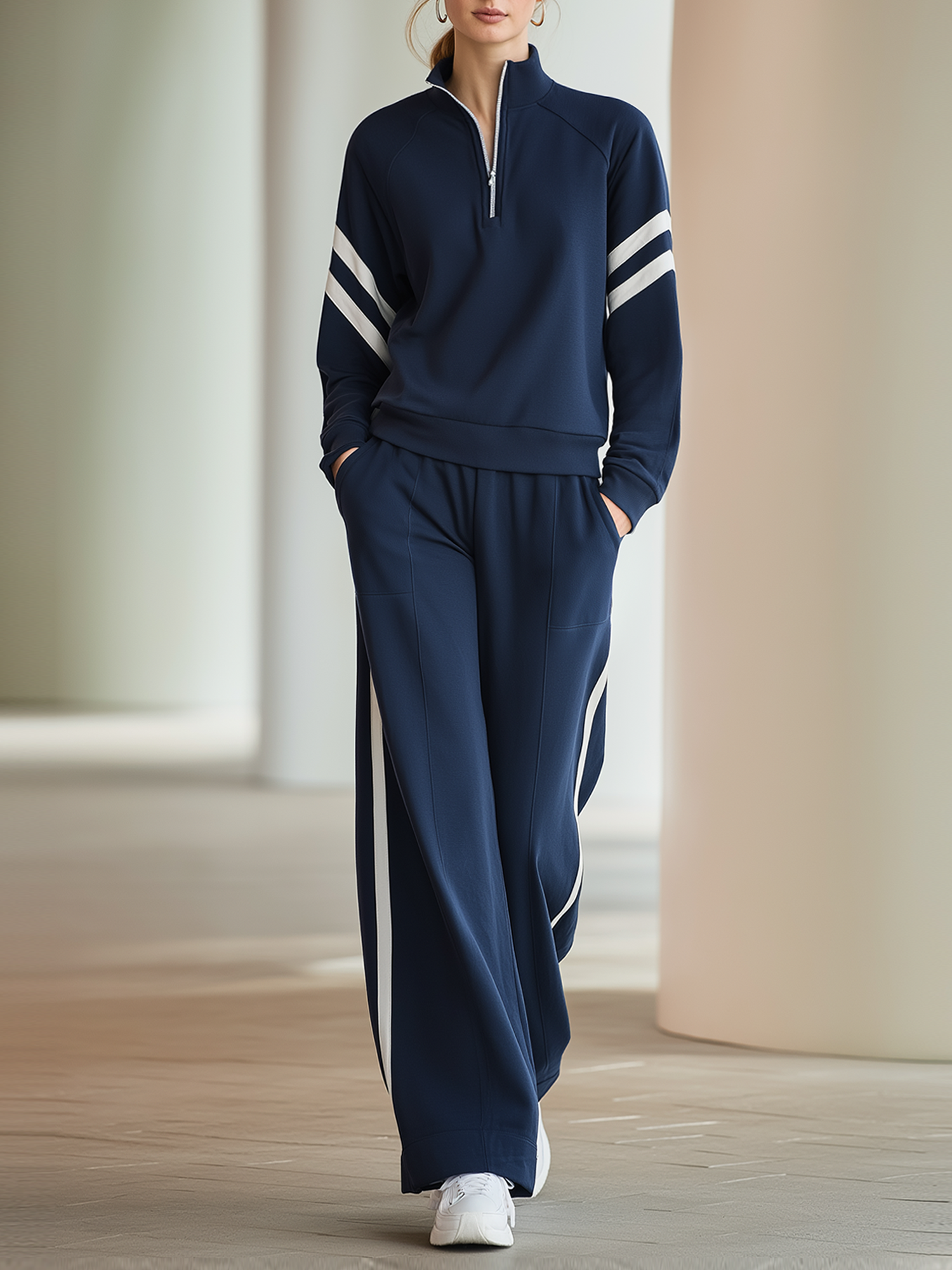 Navy White Striped Half-Zip Raglan Top & Wide-Leg Pants Set