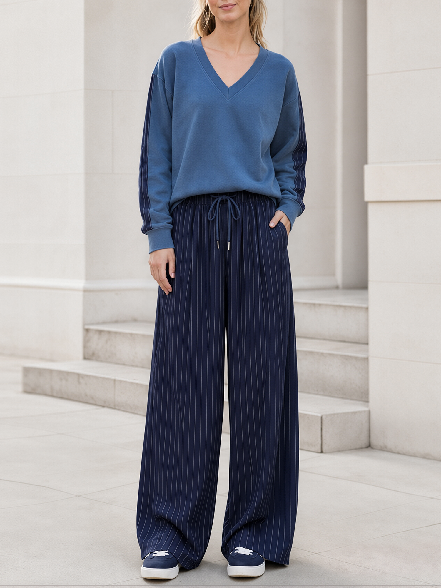 Blue V-Neck Color Block Sweat Top & Navy Pinstripe Wide-Leg Pants Set