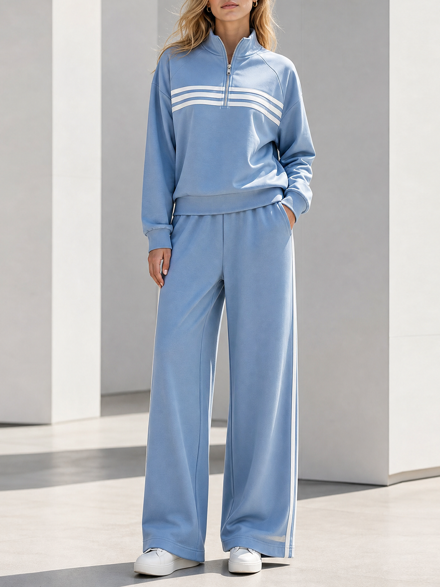 Light Blue Three Stripe Half-Zip Raglan Top & Wide-Leg Pants Set