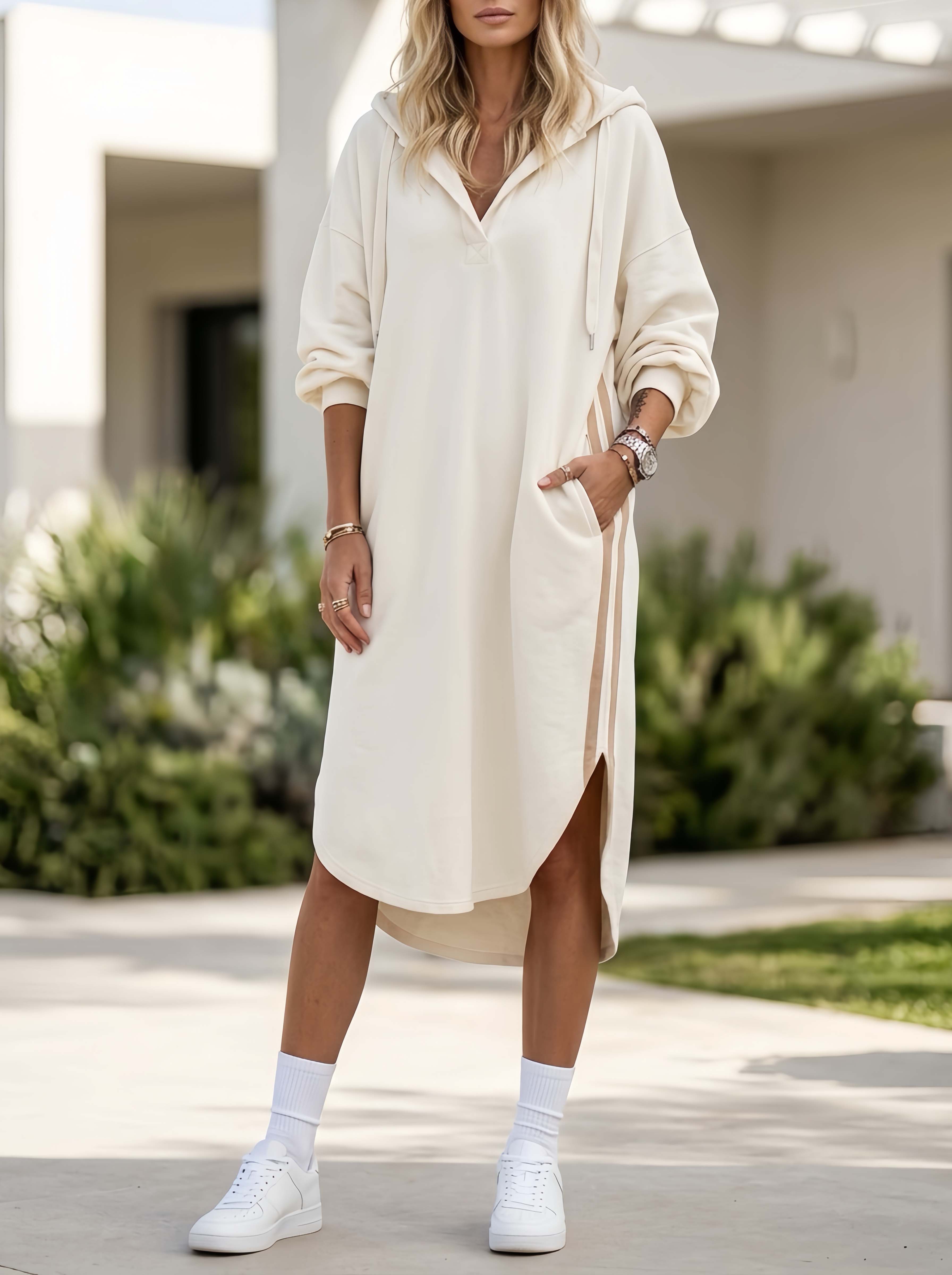 Stylish And Minimalist Off-white Hooded Casual Dress
