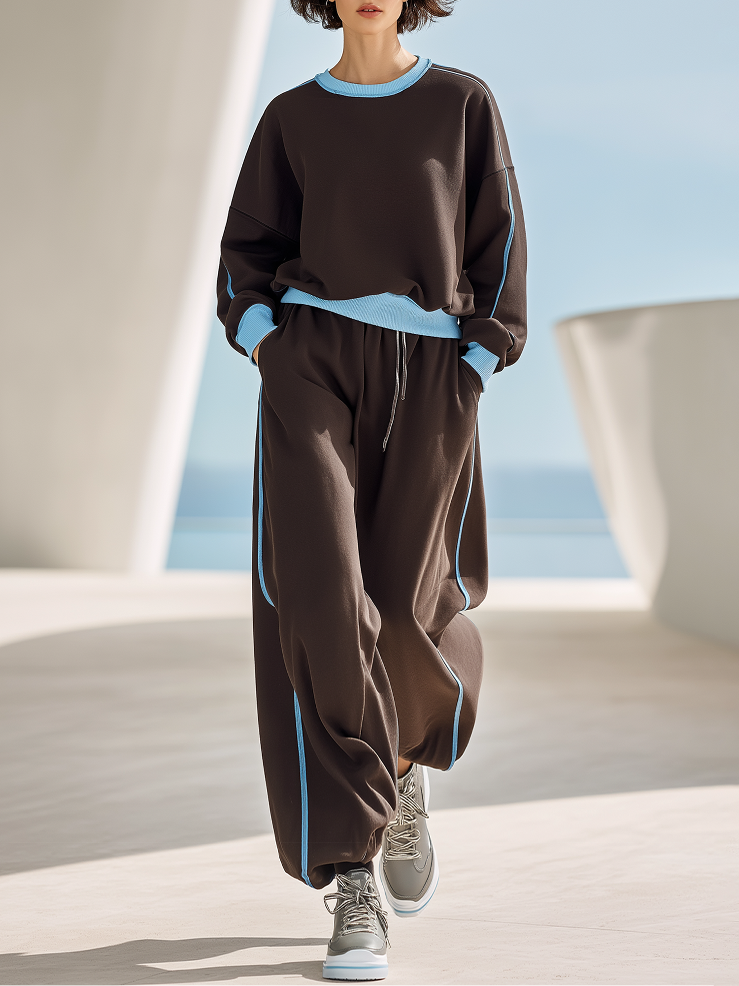 Brown Crew-neck Sweatshirt With Blue Piping And High-quality Casual Trousers Set