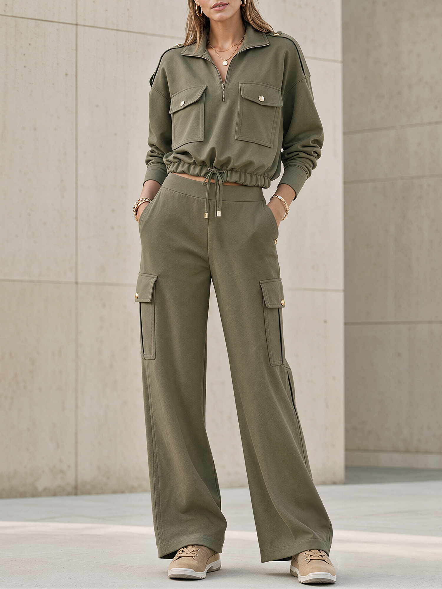 Olive Green Cargo Half-Zip Crop Top & Wide Leg Cargo Pants Set