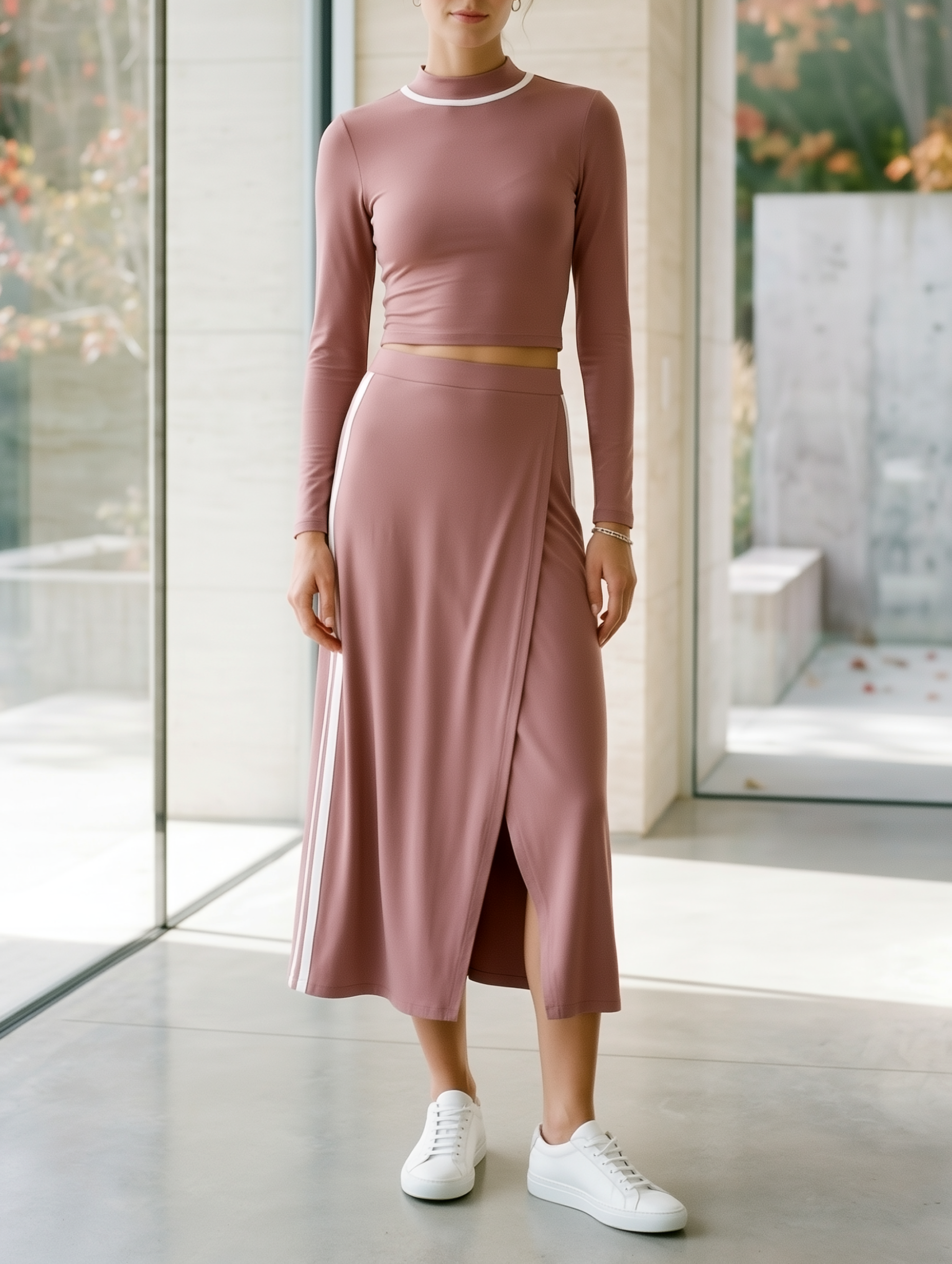 Women's Mock Neck Crop Top and Slit Midi Skirt Two-Piece Set with Side Stripe