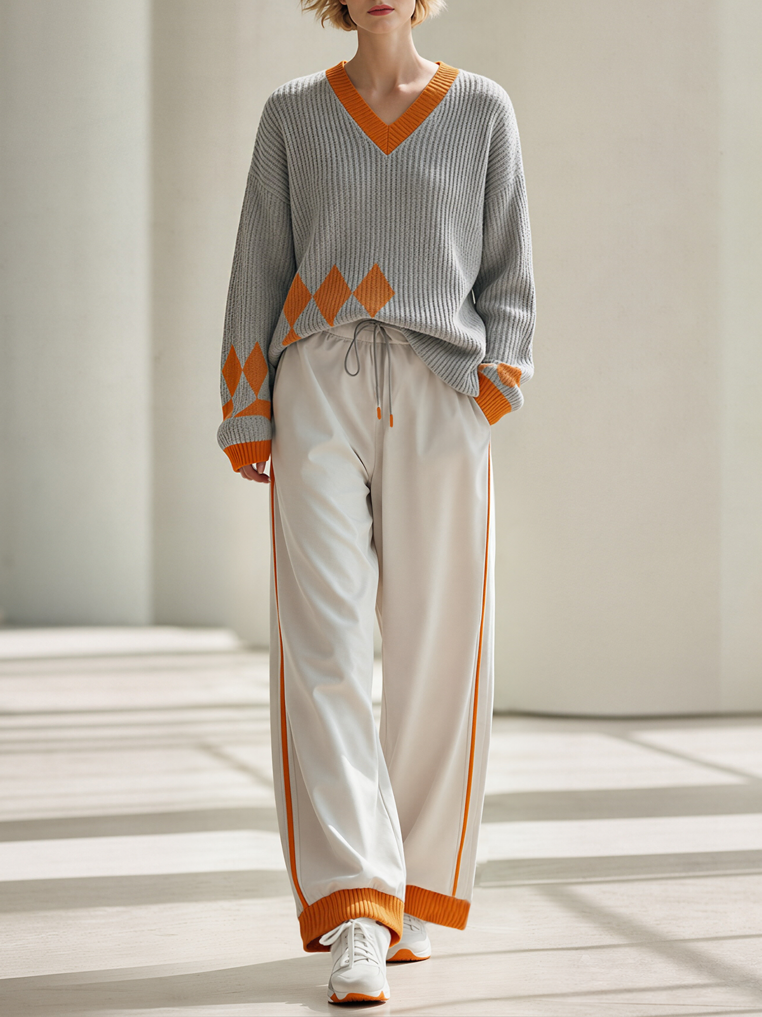 Gray Orange Argyle V-Neck Knit Top & Contrast-colored TrimWide-Leg Pants Set