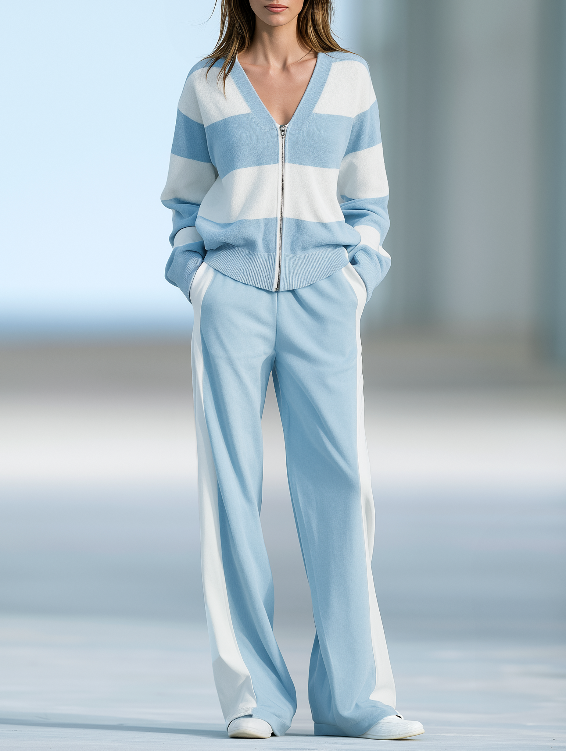 Women's Striped Zip-Up Knit Cardigan And Wide-Leg Pants Set