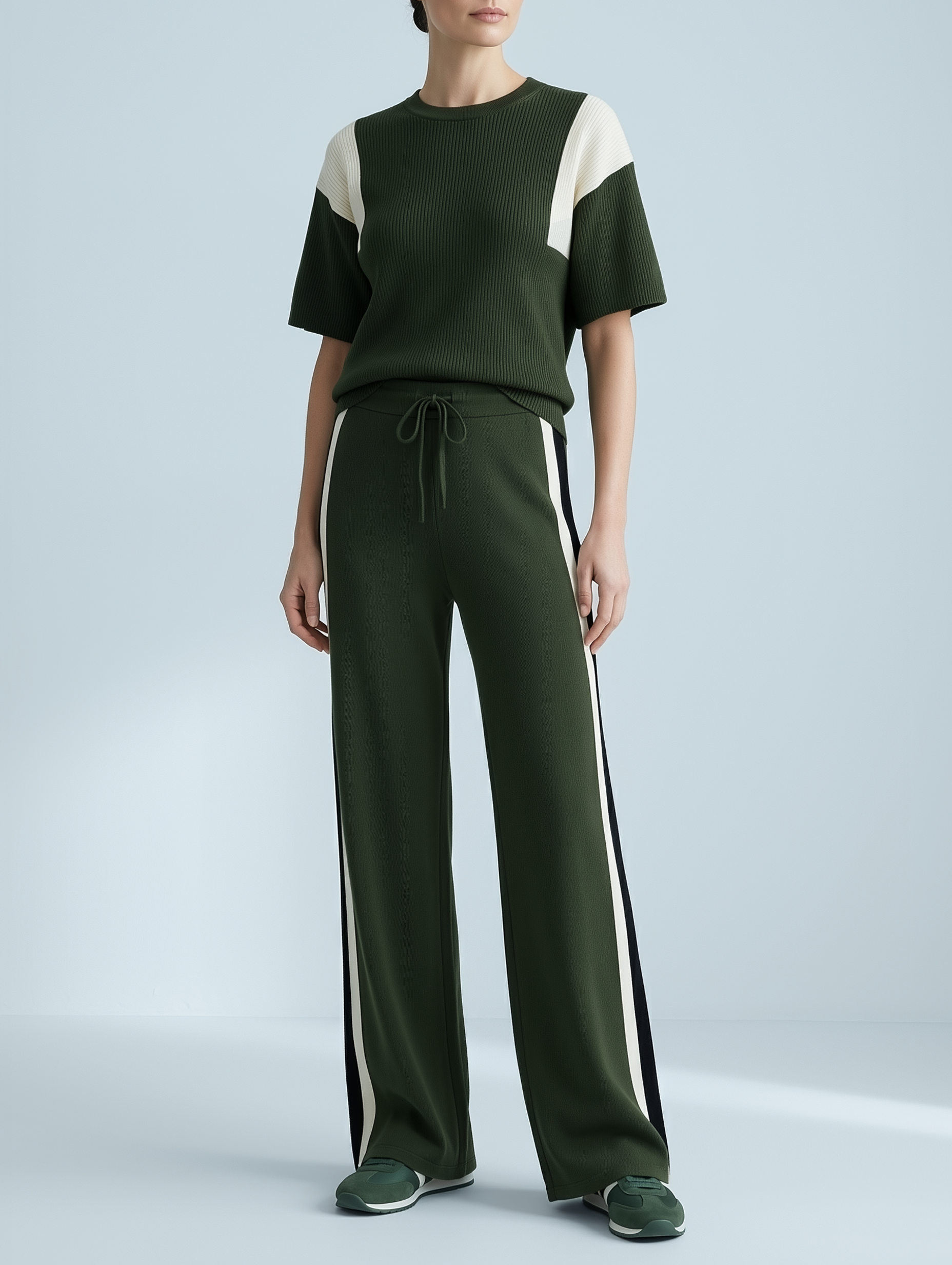 Women's Ribbed Knit Colorblock T-Shirt & Wide-Leg Pants Set