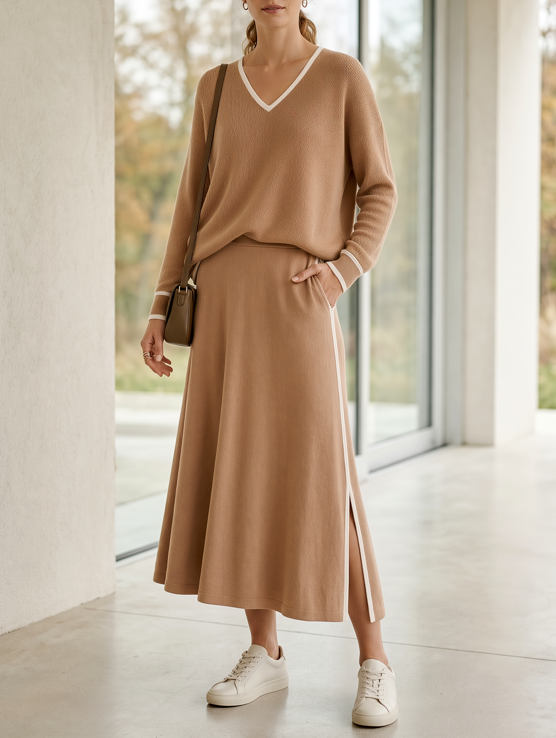 Women's Contrast Trim V-Neck Sweater & Midi Skirt Knit Set