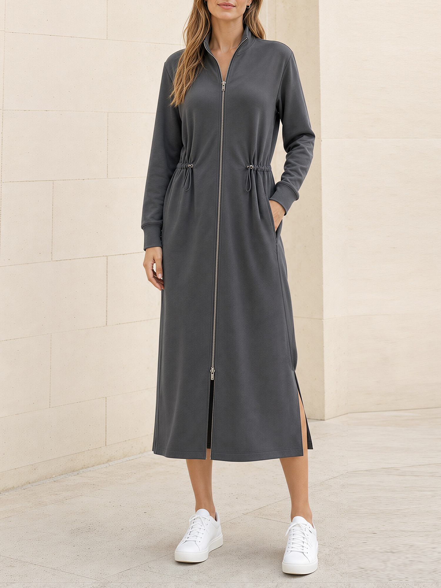 Dark Gray Full-Zip Drawstring Waist Side Slit Midi Sweat Dress