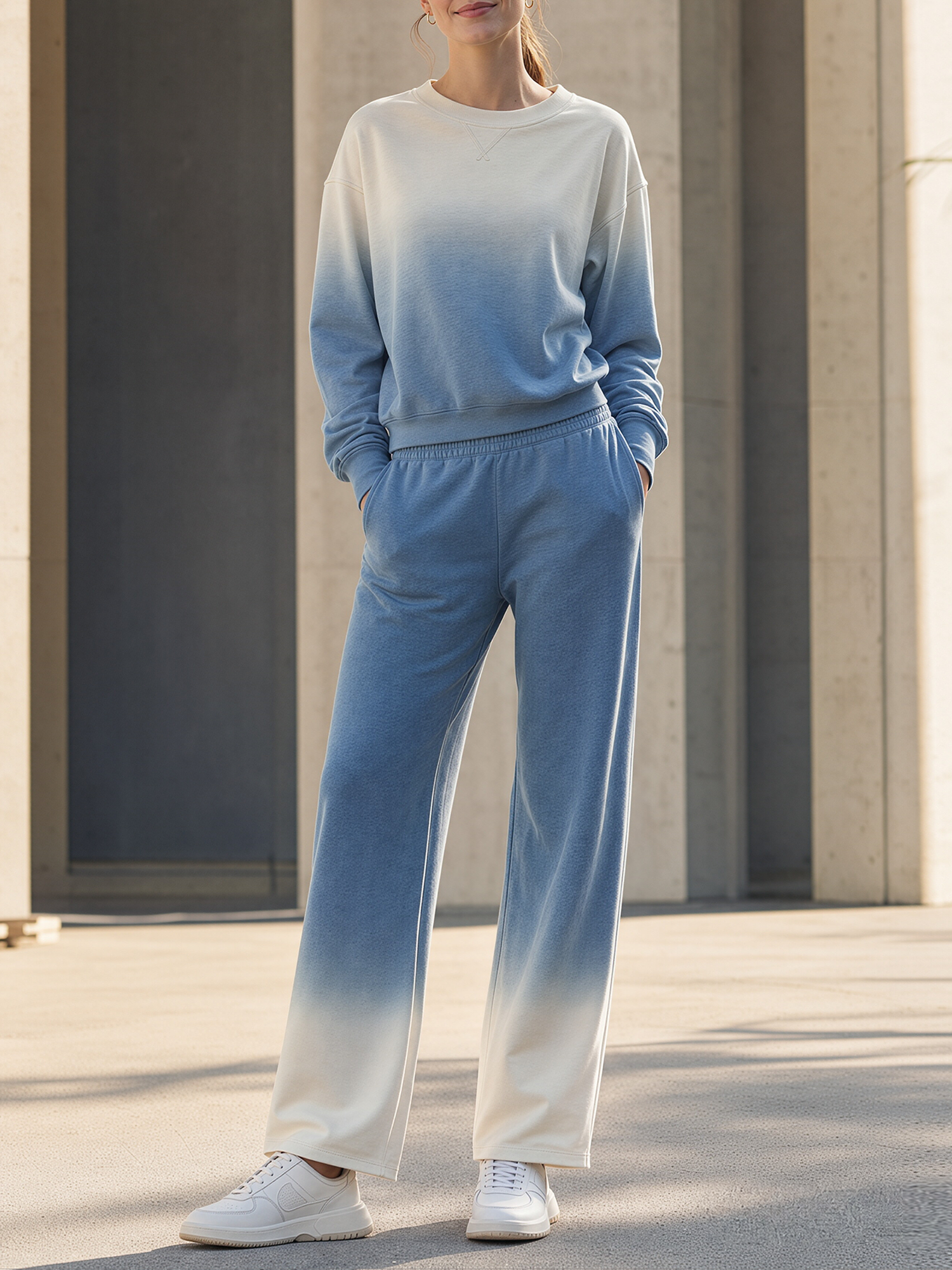 Blue White Ombre Crew Neck Sweat Top & Gradient Wide-Leg Pants Set