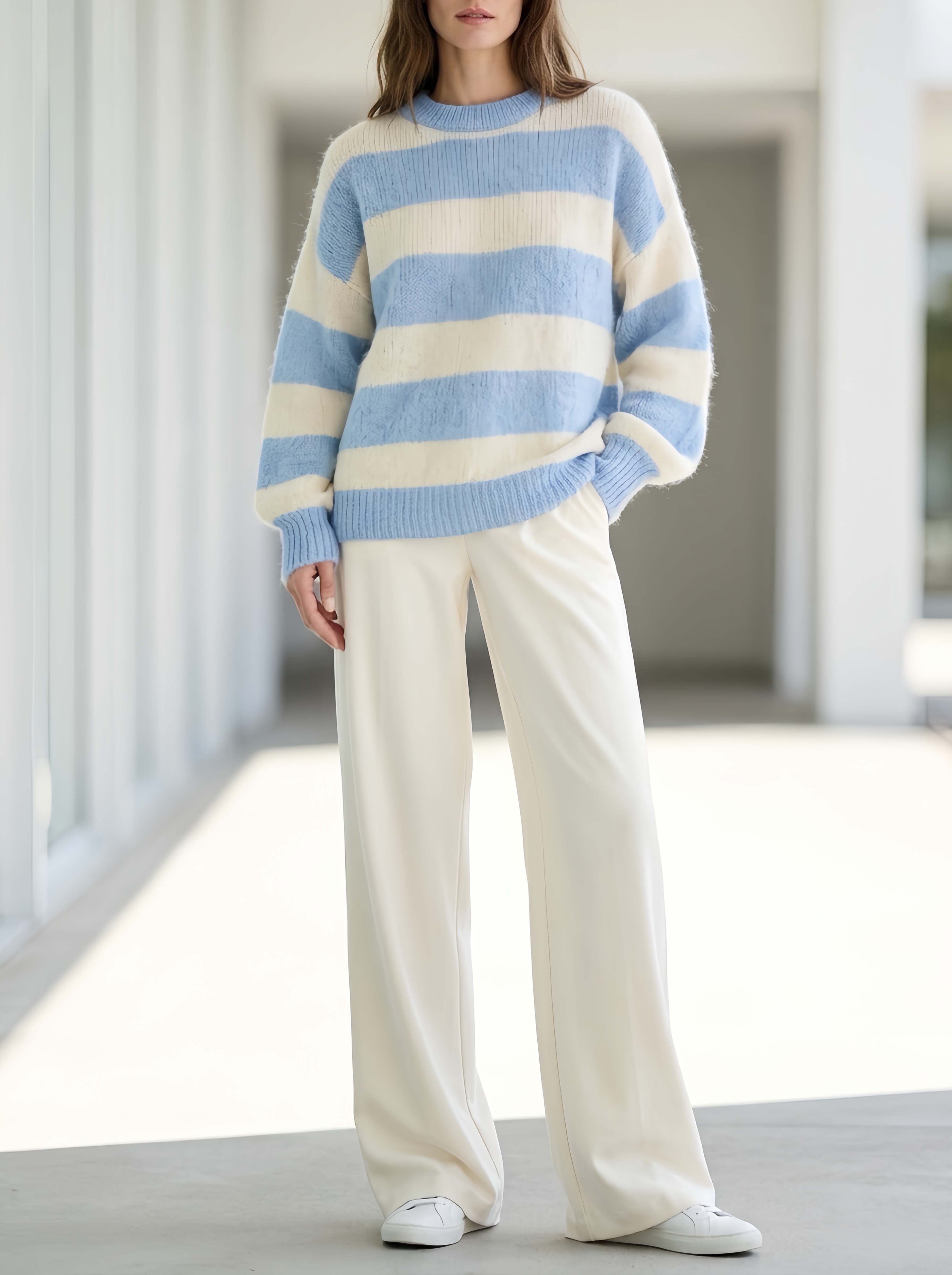 Stylish Blue-and-White Striped Sweater And Off-White Trousers Casual Set