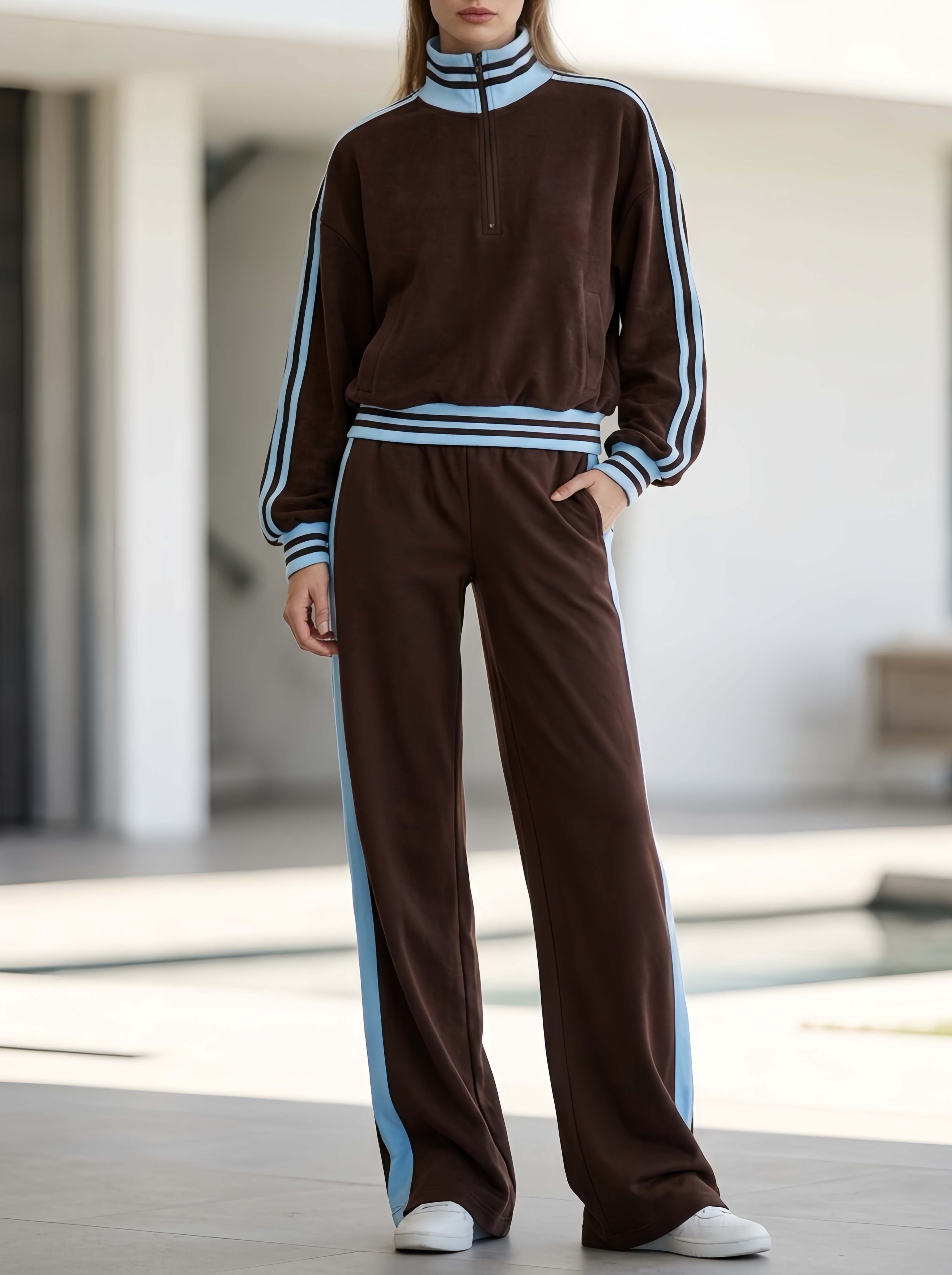 Stylish And Casual Striped Long-sleeve Top And Pants Set With Brown Color-blocking