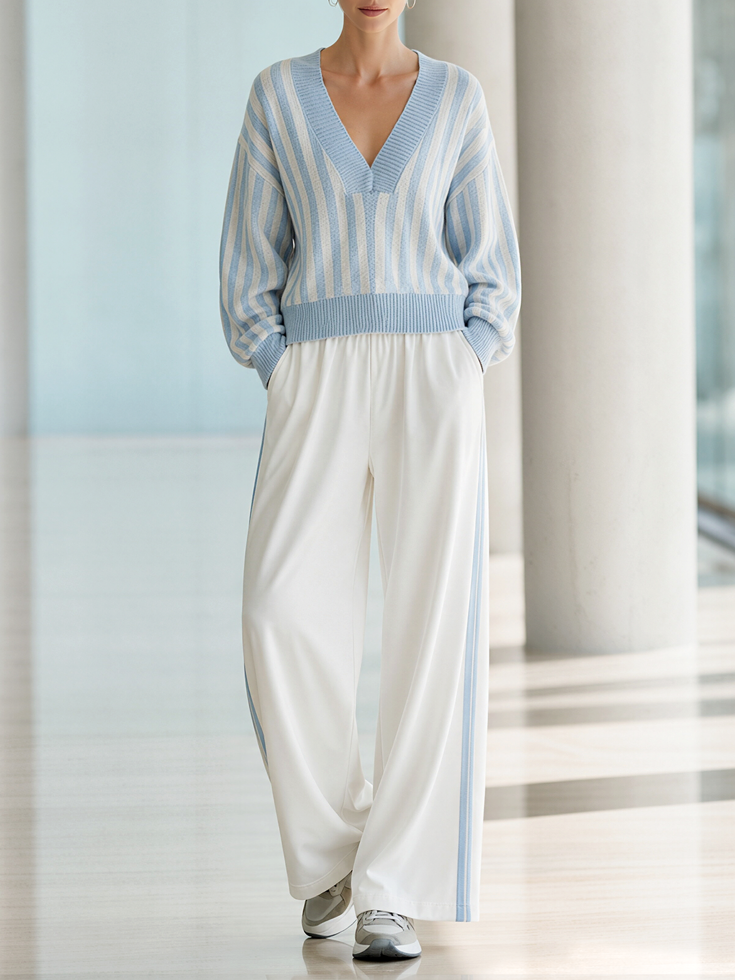 Light Blue White Vertical Stripe V-Neck Knit Top & Wide-Leg Pants Set