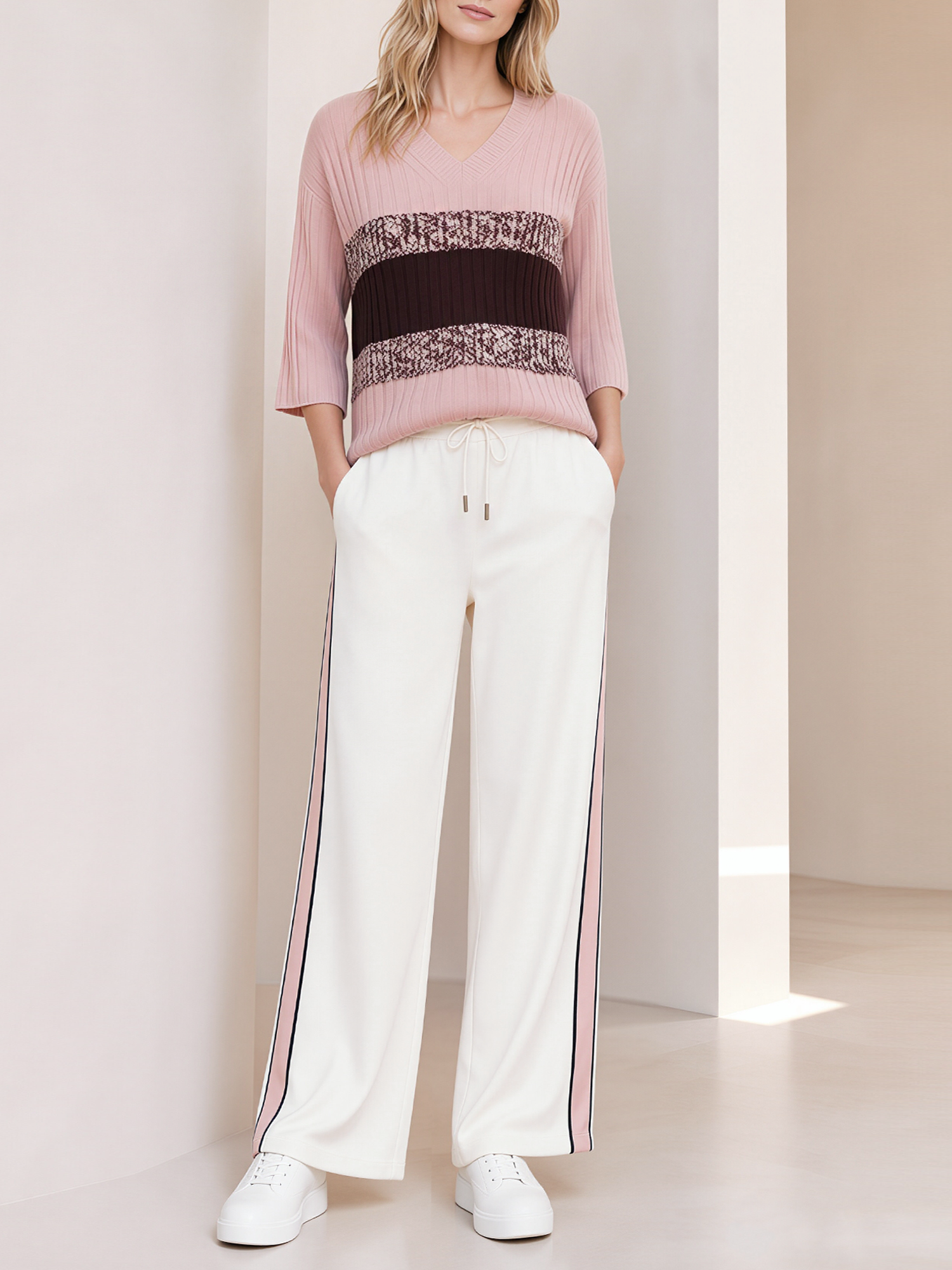 Pink Color-block V-neck Knit Top And Trousers Set With Three-quarter Sleeves