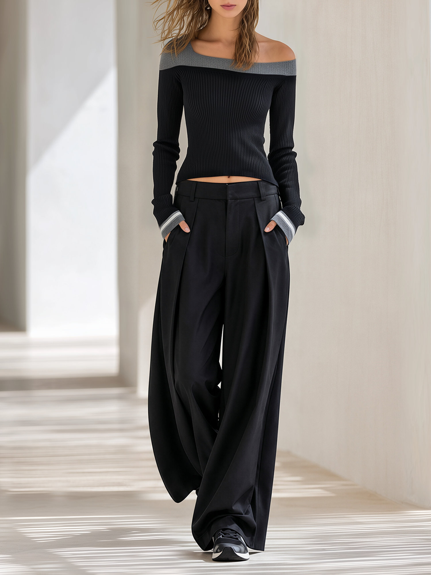 Black Gray Contrast Off Shoulder Knit Top & Pleated Wide Leg Trousers Set