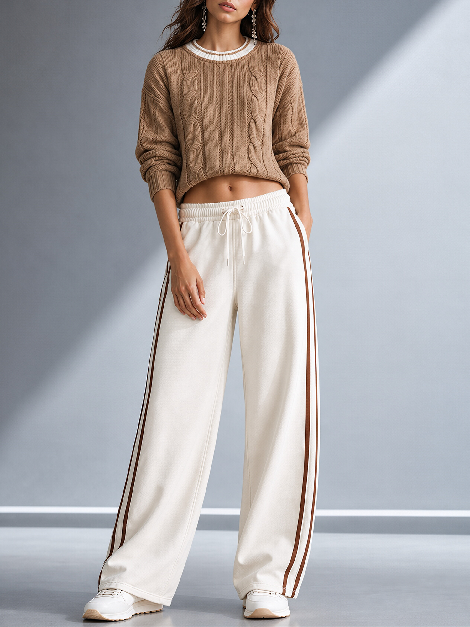 Cable Knit Contrast Collar Sweater & Side Stripe Wide-Leg Pants Set