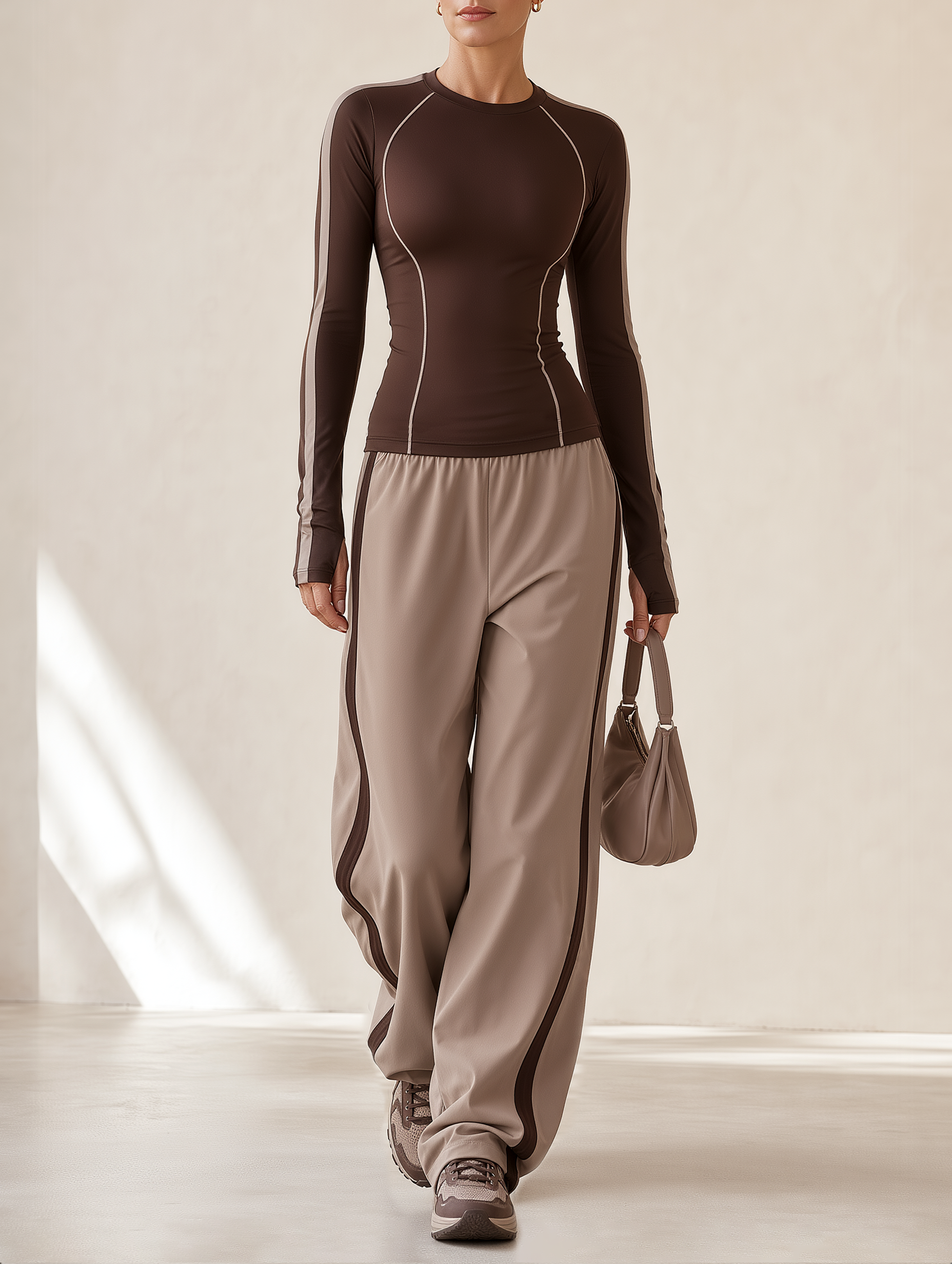 Brown Sculpting Top And Drapey Straight-Leg Trouser Set