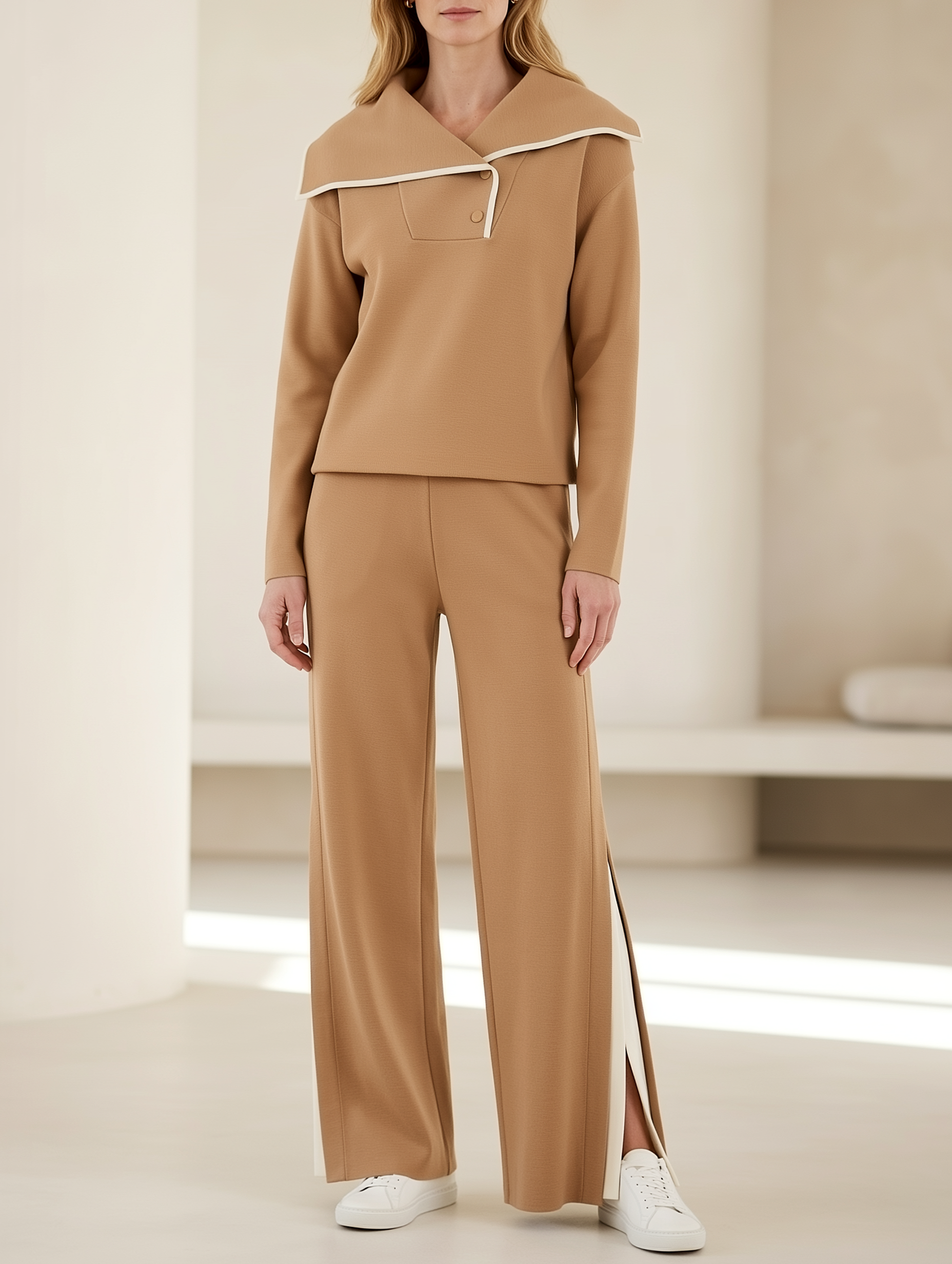 Camel-colored Wide-lapel Sweatshirt And Slit Wide-leg Trousers Set