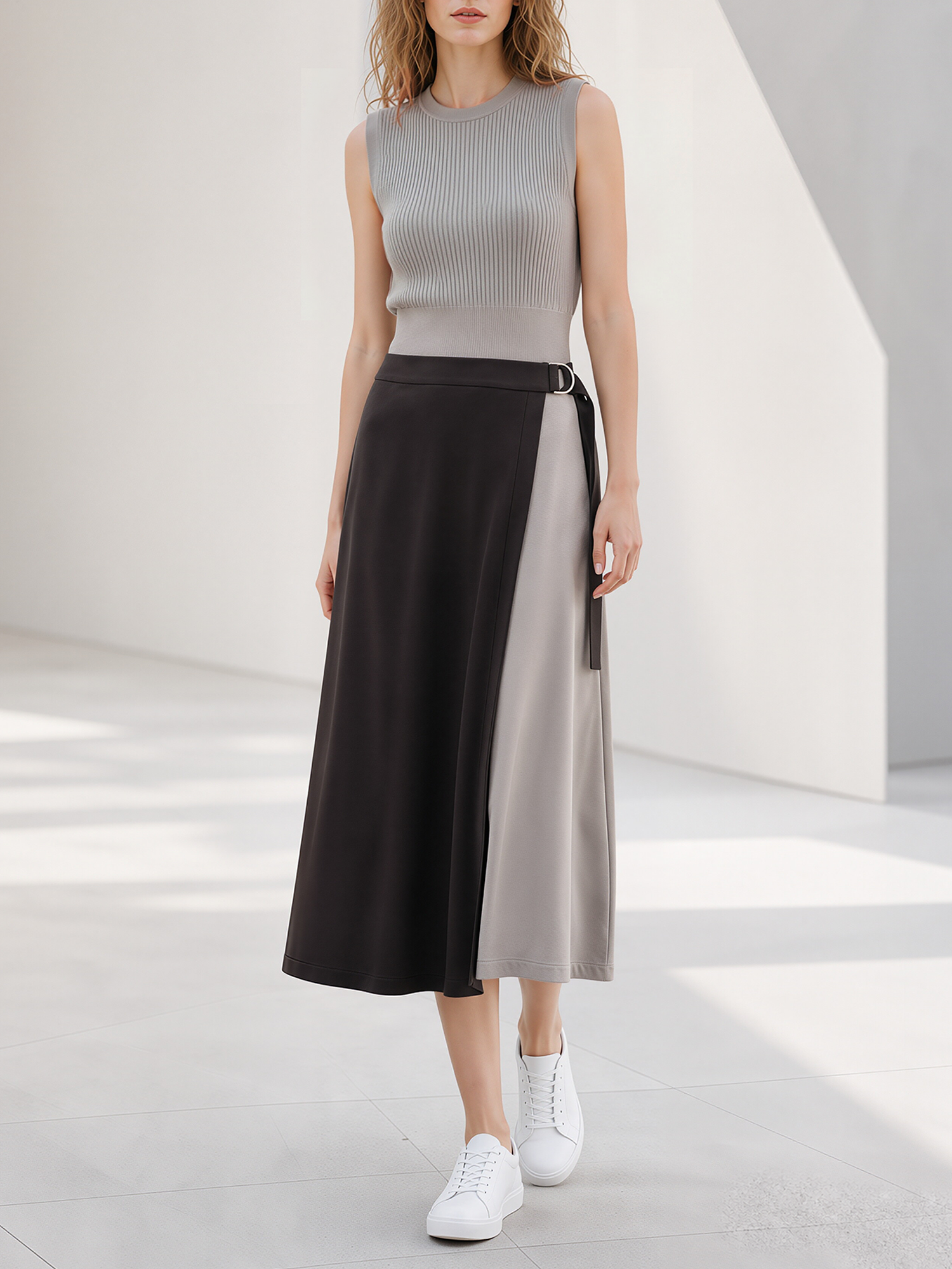 Gray Sleeveless Rib Knit Top & Color Block Midi Skirt Set