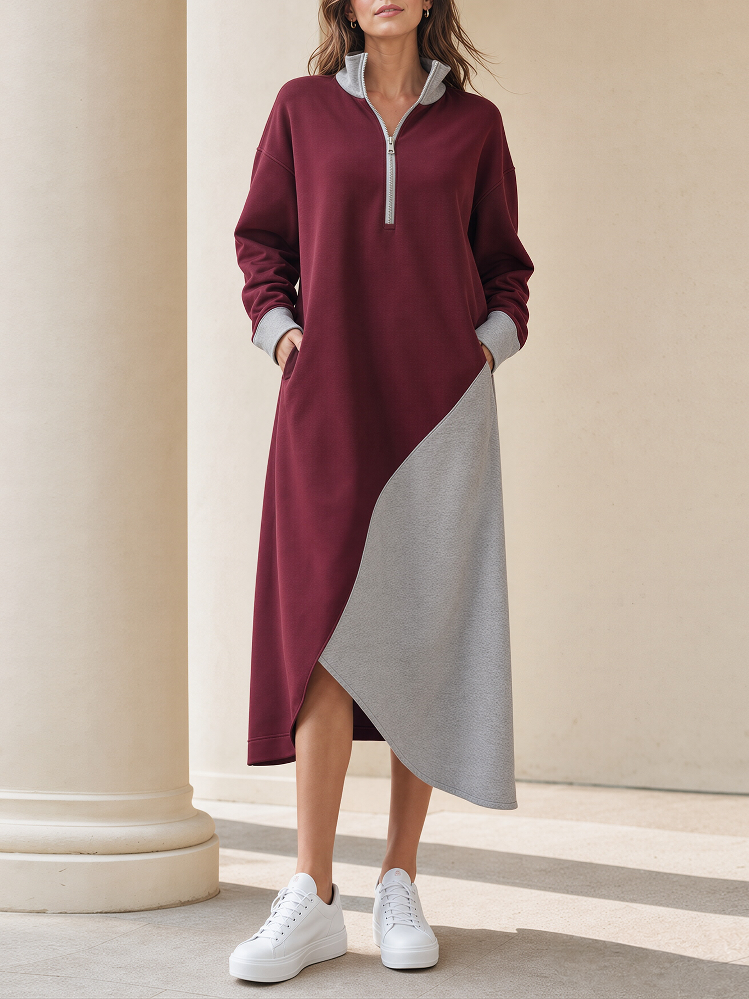 Wine Gray Color Block Half-Zip Asymmetric Hem Sweat Midi Dress